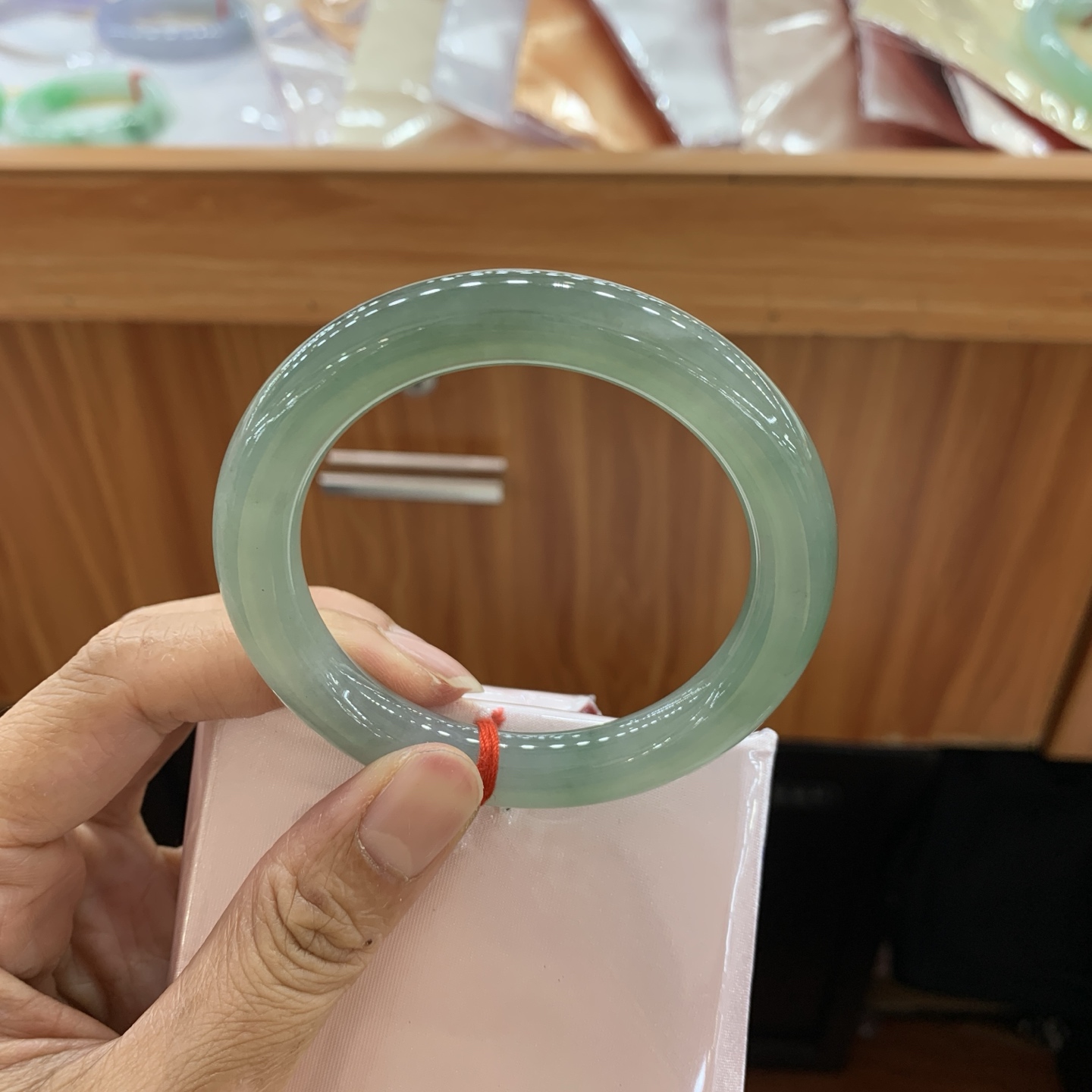 042807FN，冰胶油绿圆条翡翠手镯，54.5-9.8-10