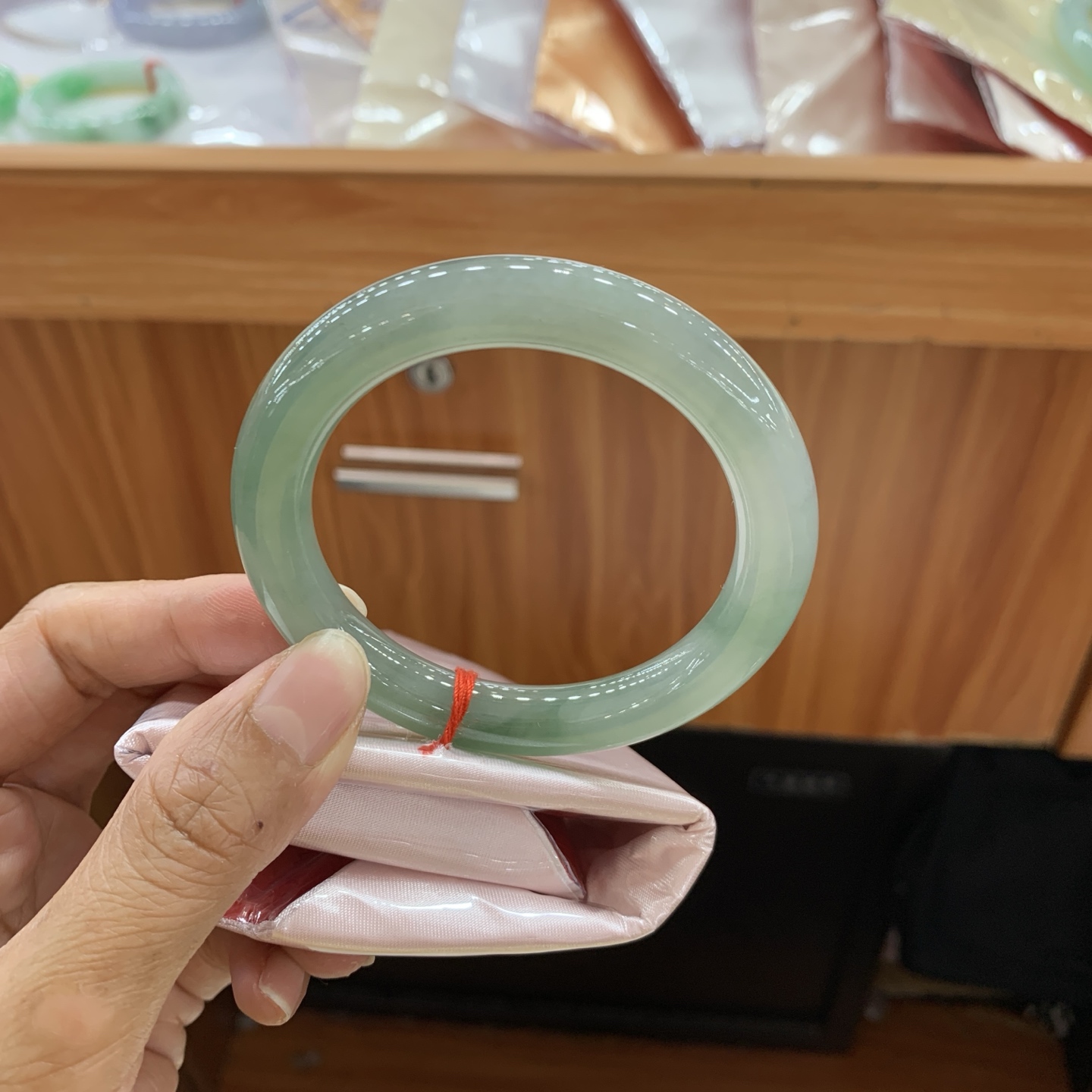 042807FN，冰胶油绿圆条翡翠手镯，54.5-9.8-10