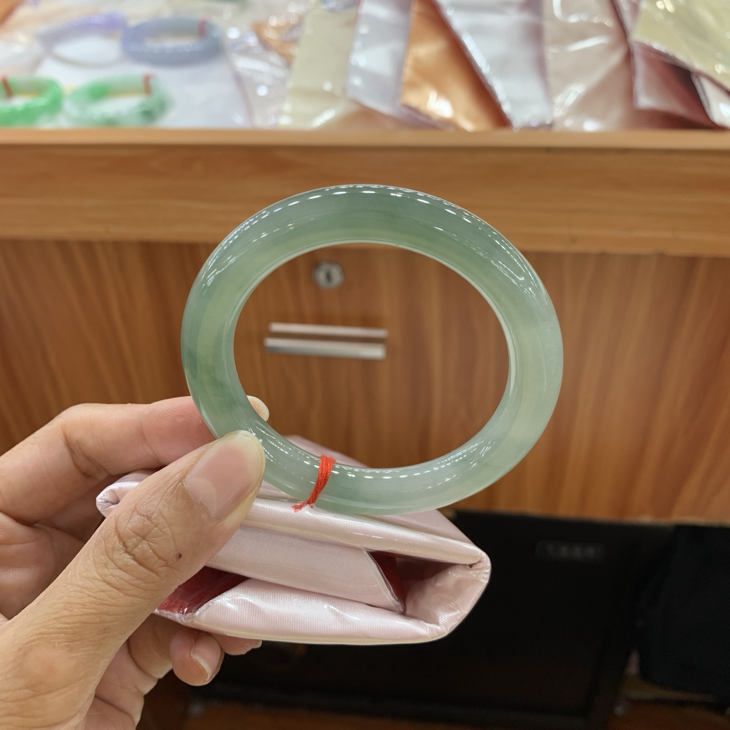 042807FN，冰胶油绿圆条翡翠手镯，54.5-9.8-10