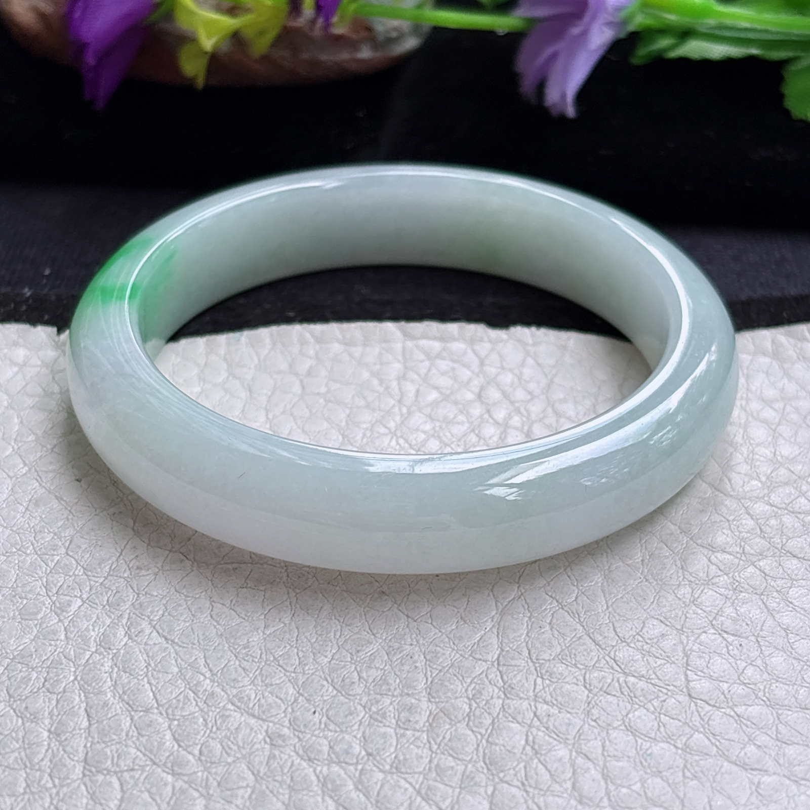 n白底青54.8*12*8平安镯 缅甸翡翠a货手镯飘阳绿秀气正圈玉镯子