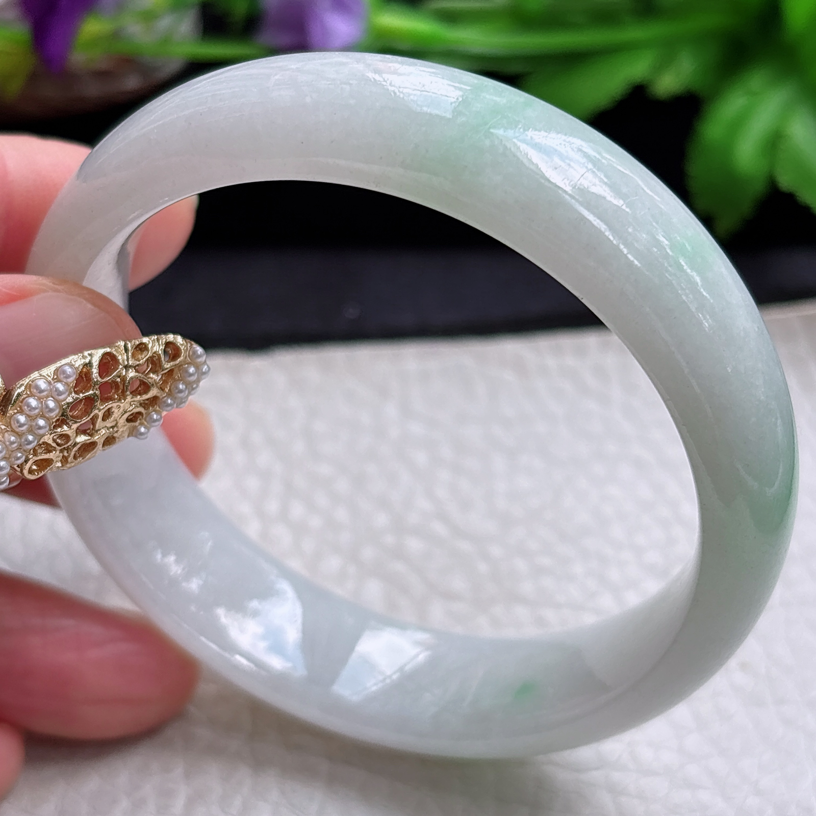 js实拍56.5*14.6*7.3平安镯 缅甸翡翠a货手镯飘绿正圈玉镯子