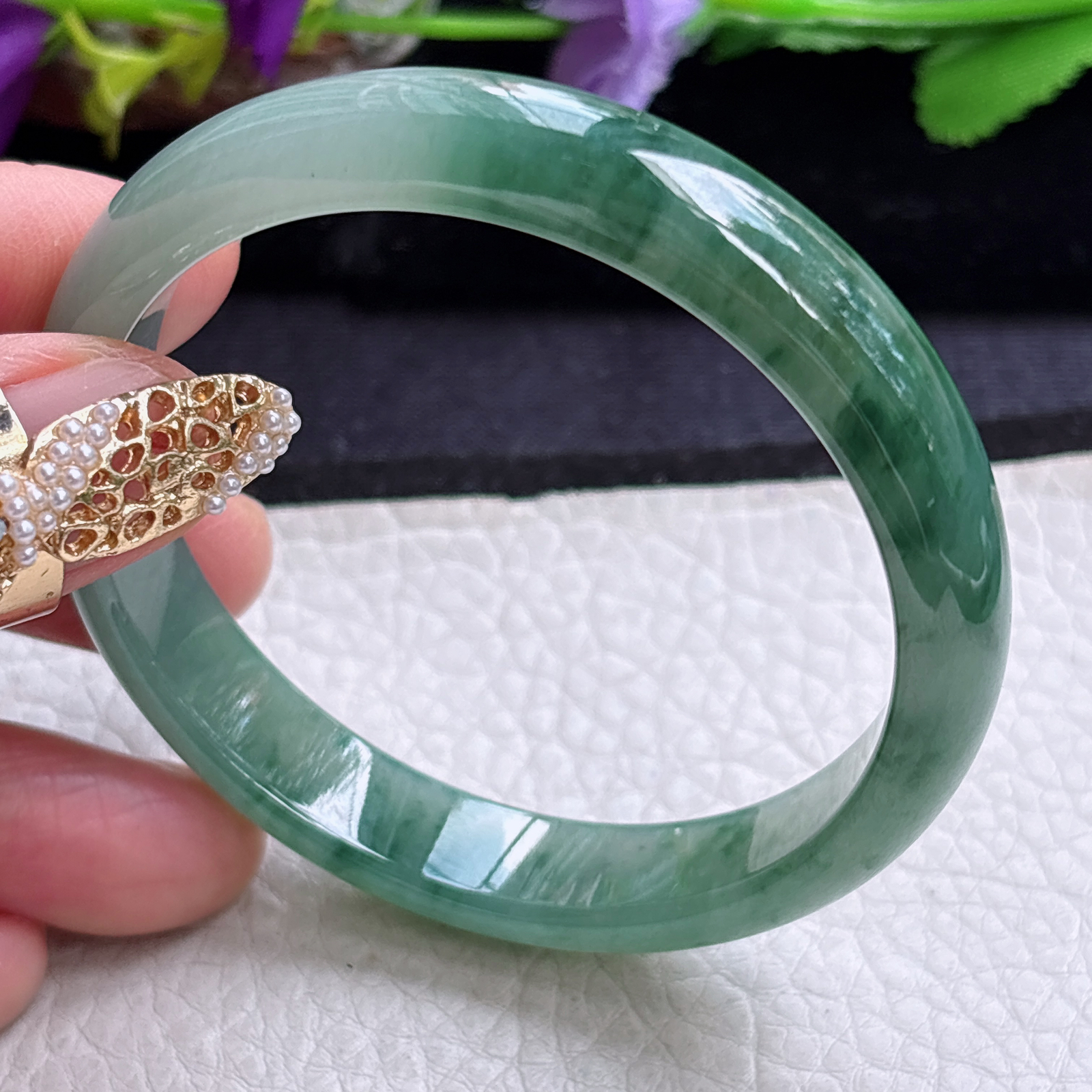n实拍55*11.3*6.5平安镯 缅甸翡翠a货手镯冰飘花秀气正圈玉镯子