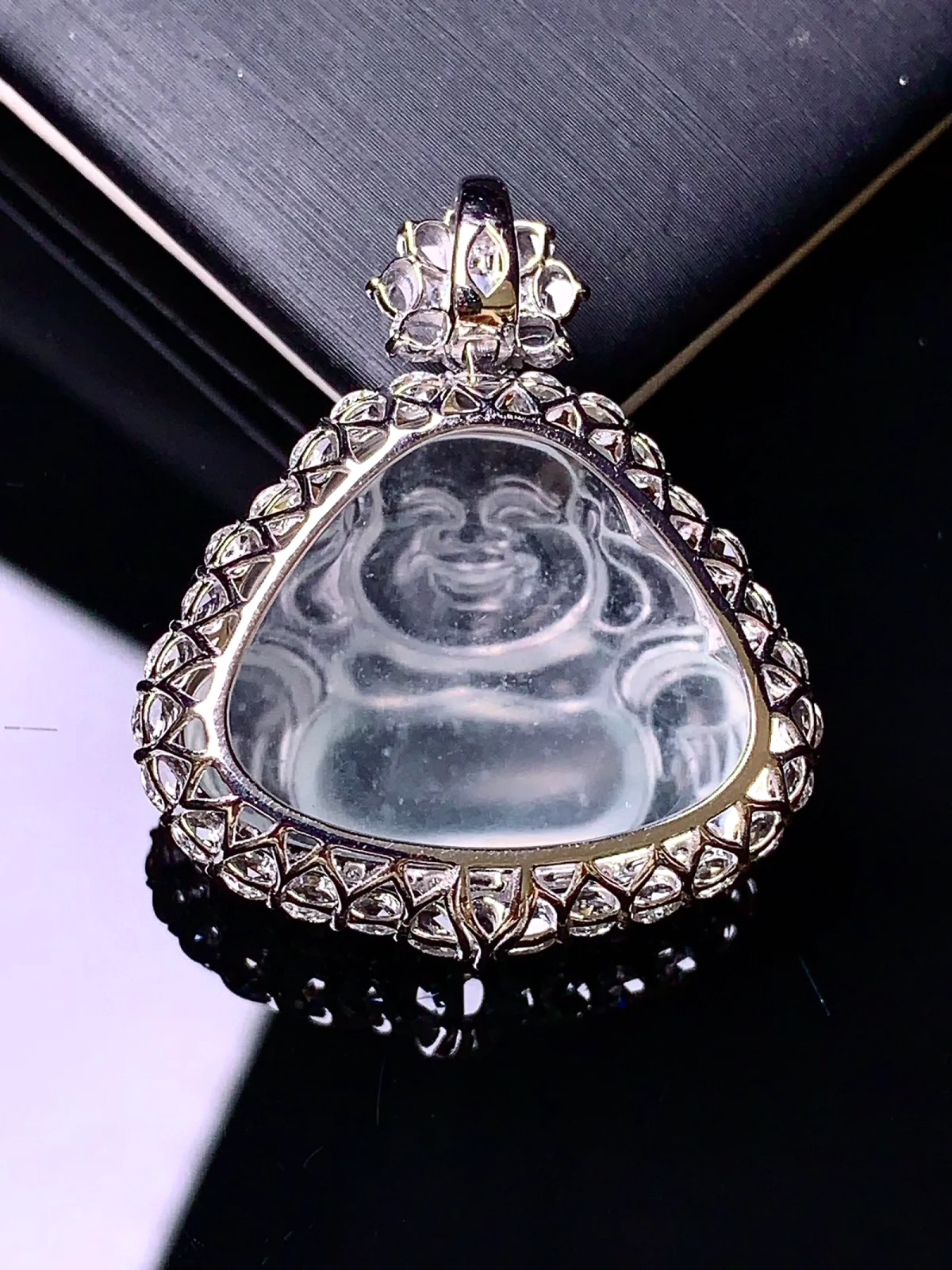 18 K金钻镶嵌玻璃种佛公吊坠 老种冰透 品相好 重金豪镶 B3尺寸32.5*28*11