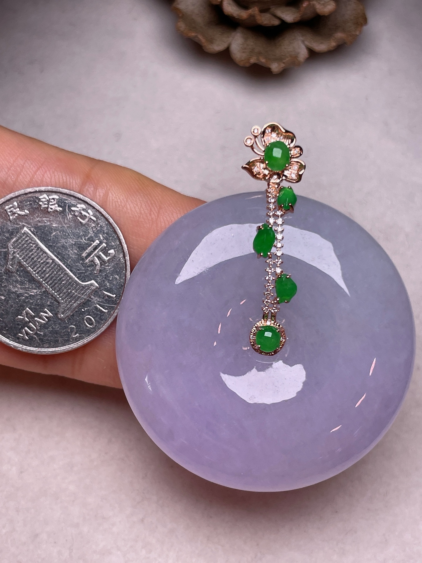 ️ 18k金镶大平安扣，冰糯种满紫，无裂，一手货源整体长54