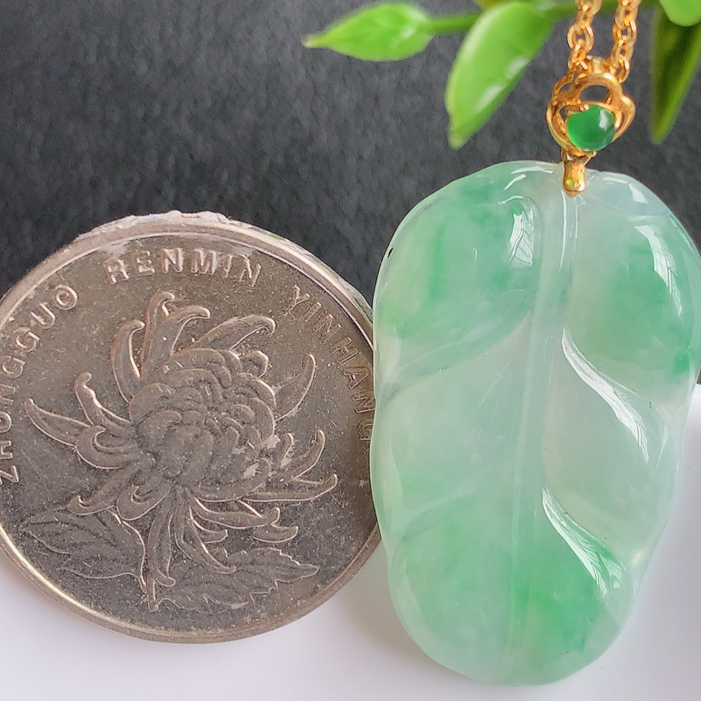 18k金扣冰润飘绿金枝玉叶翡翠吊坠  老种起胶感  飘花灵动  寓意“金枝玉叶，大业有成，一夜成名”  饱满大气，水润通透。W415.27 尺寸：29.8-17.8-3.8mm