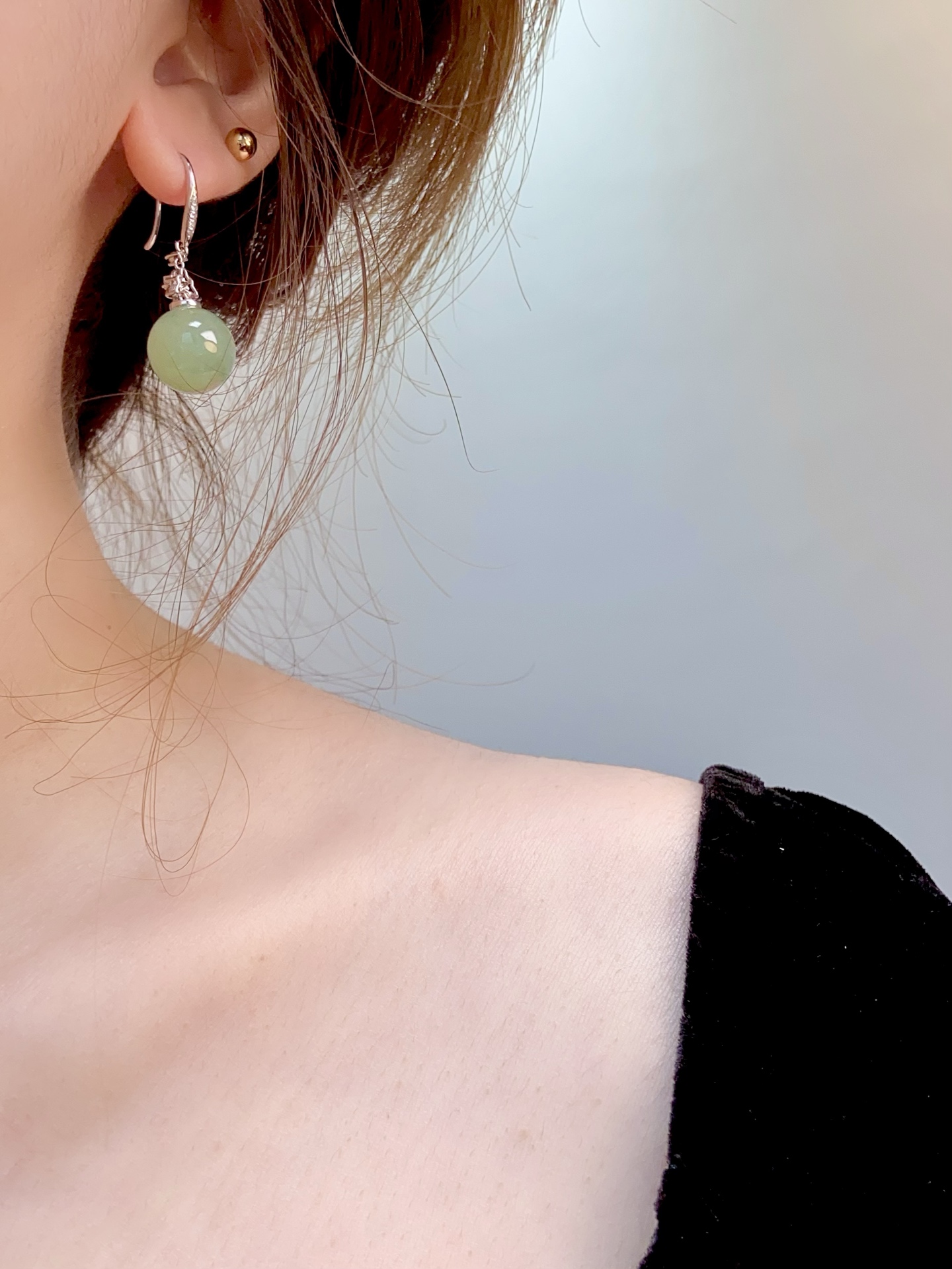 ️冰种晴水绿珠珠耳坠，清雅雅致的美，自带大气感，百搭又提升气质：37.6，裸石：13mm，无裂