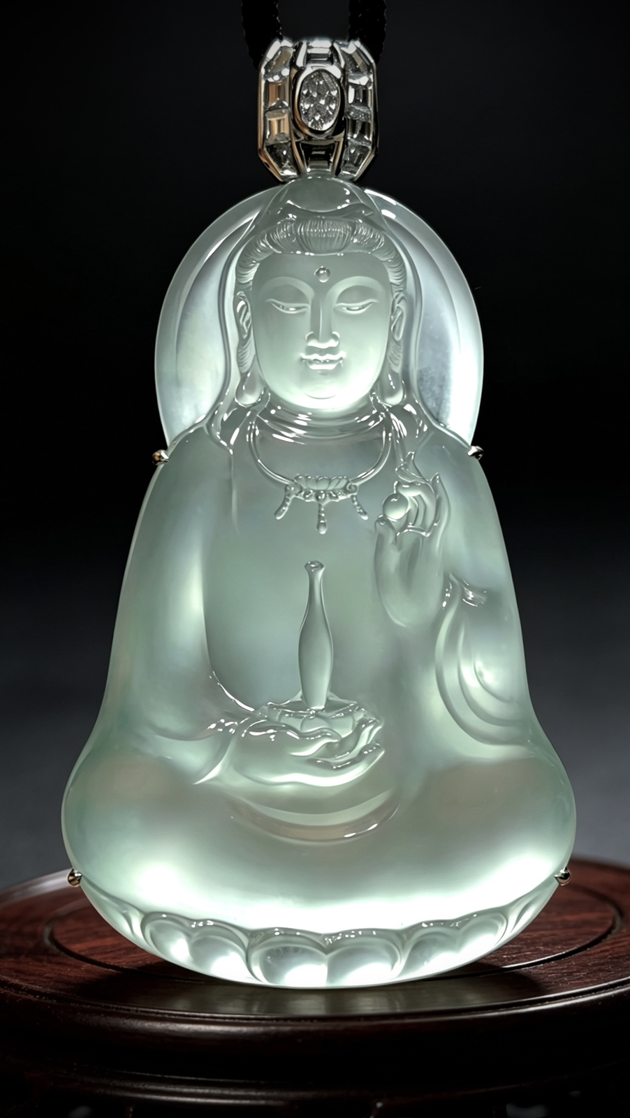 【净莲禅心·观自在】观音菩萨，
裸石61-38.5-7mm，
整体71.2-38.5-12.5mm，44.45g，
18K金，南非钻