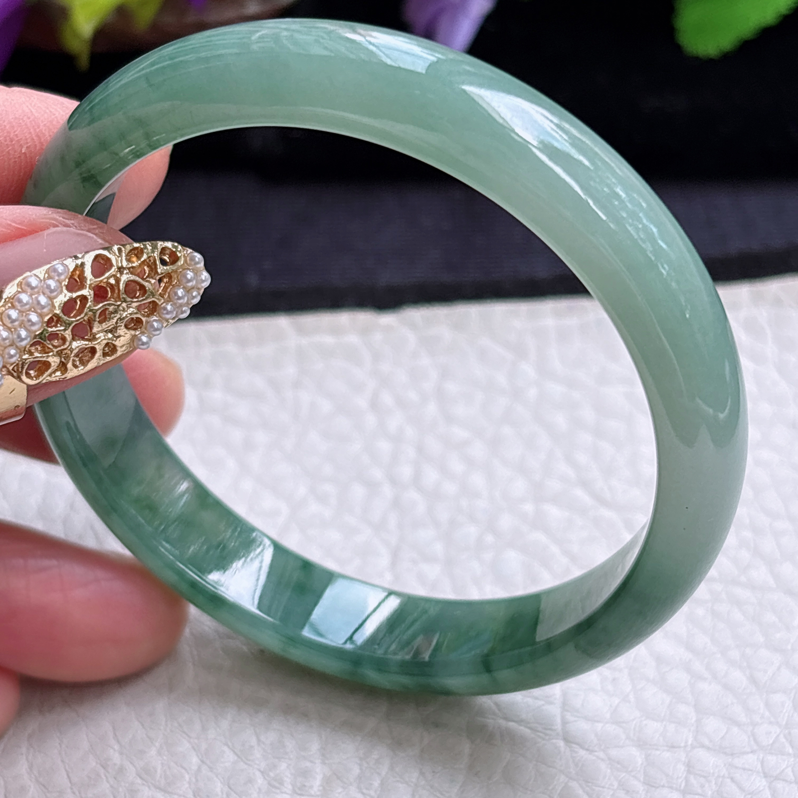 n实拍55*11.3*6.5平安镯 缅甸翡翠a货手镯冰飘花秀气正圈玉镯子