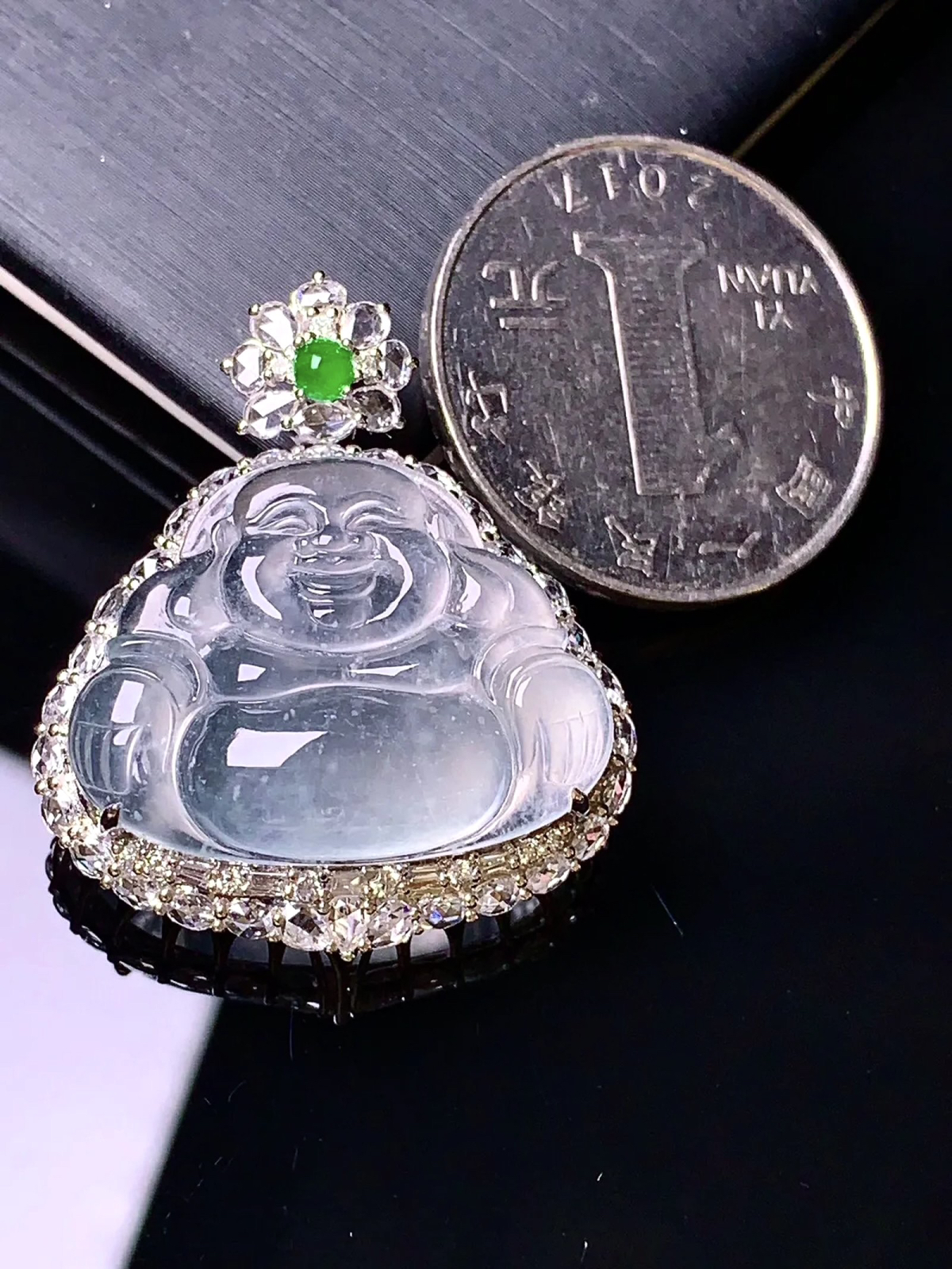 18 K金钻镶嵌玻璃种佛公吊坠 老种冰透 品相好 重金豪镶 B3尺寸32.5*28*11