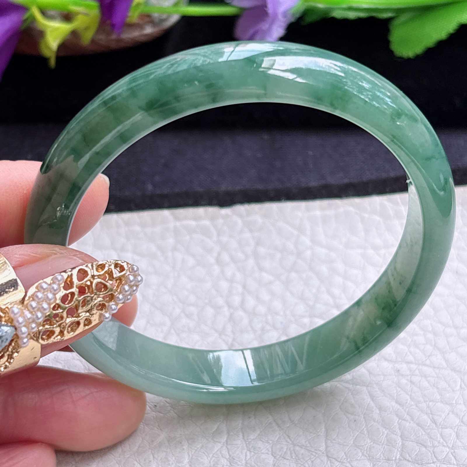 n实拍55*11.3*6.5平安镯 缅甸翡翠a货手镯冰飘花秀气正圈玉镯子