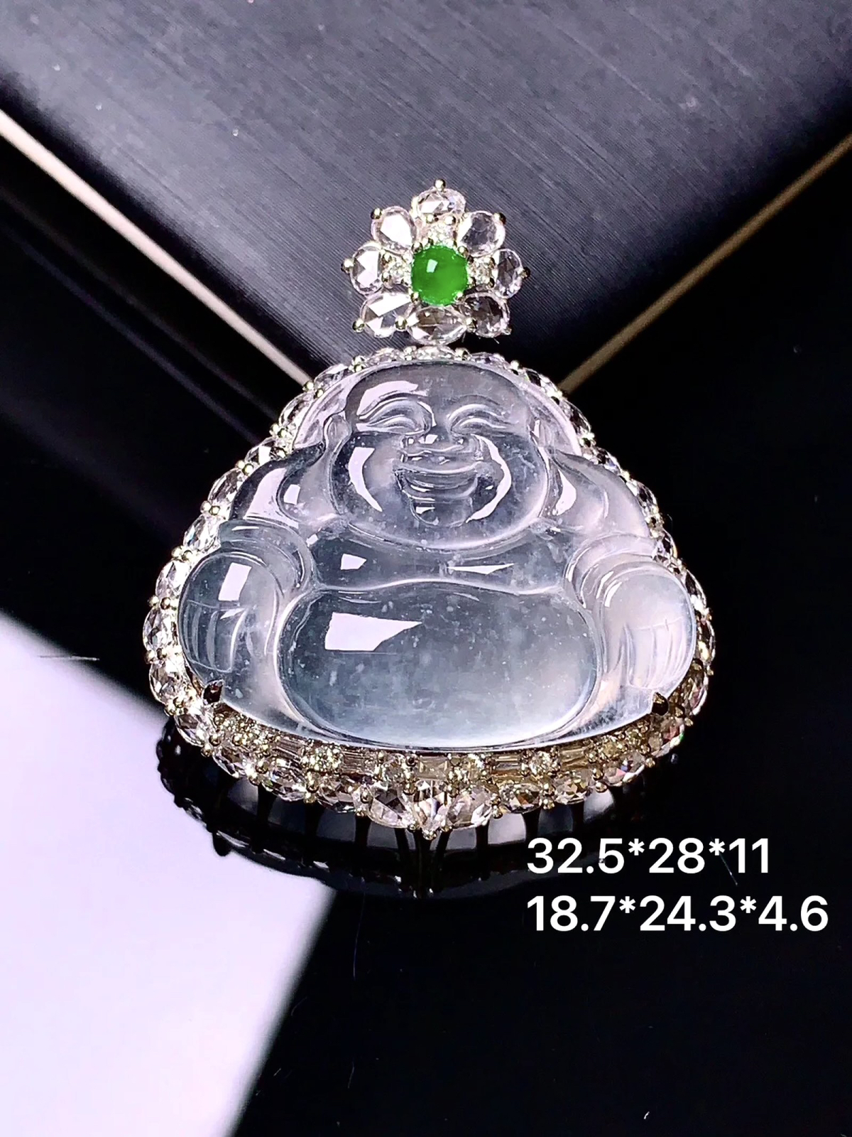 18 K金钻镶嵌玻璃种佛公吊坠 老种冰透 品相好 重金豪镶 B3尺寸32.5*28*11