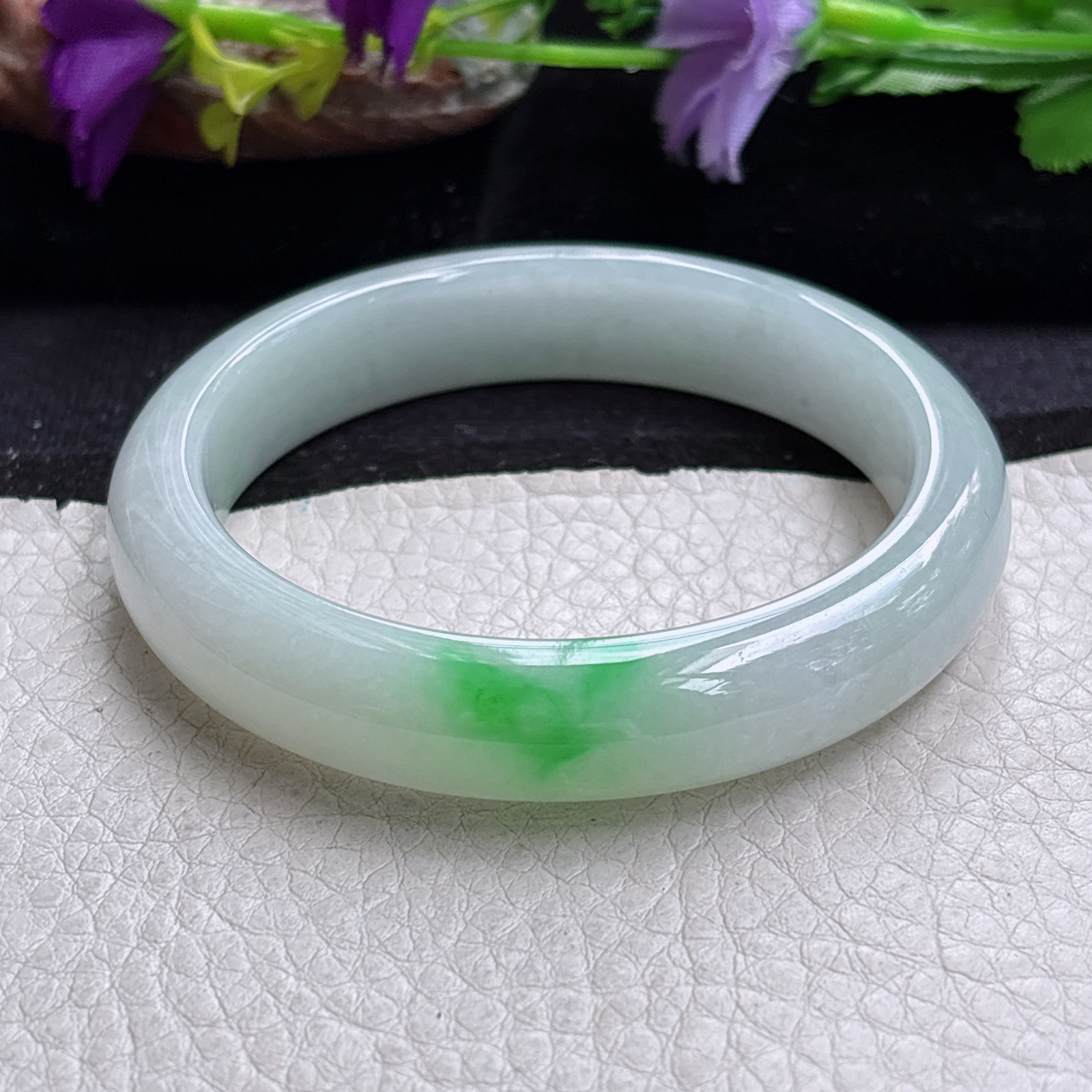 n白底青54.8*12*8平安镯 缅甸翡翠a货手镯飘阳绿秀气正圈玉镯子