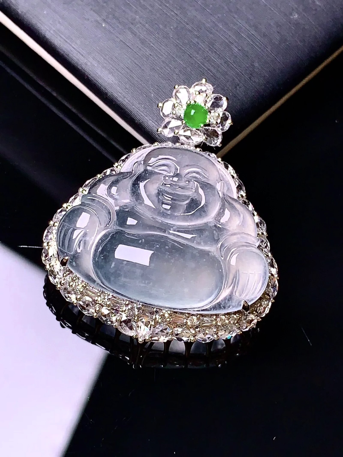 18 K金钻镶嵌玻璃种佛公吊坠 老种冰透 品相好 重金豪镶 B3尺寸32.5*28*11