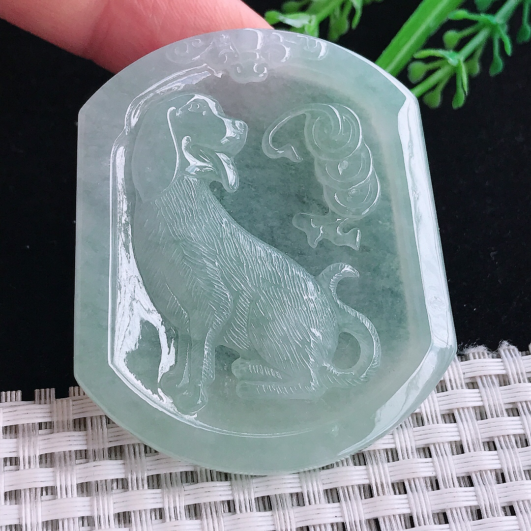 实拍A货翡翠54.6/46/5.2老坑冰胶果冻冰晴绿生肖狗牌吊坠翡翠玉挂件