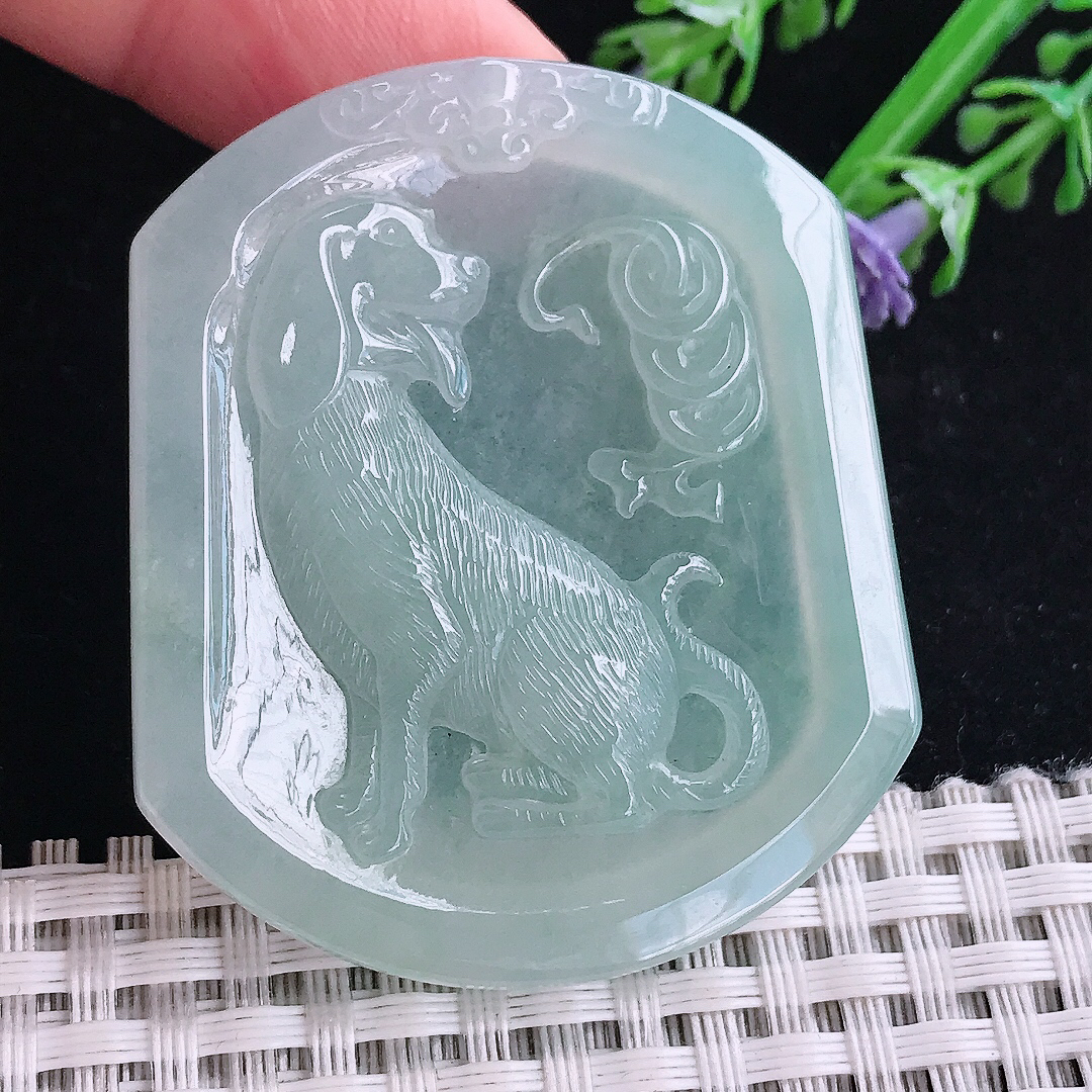 实拍A货翡翠50.3/42.8/5.5老坑冰纯期间冰晴绿狗牌吊坠生肖旺财挂件