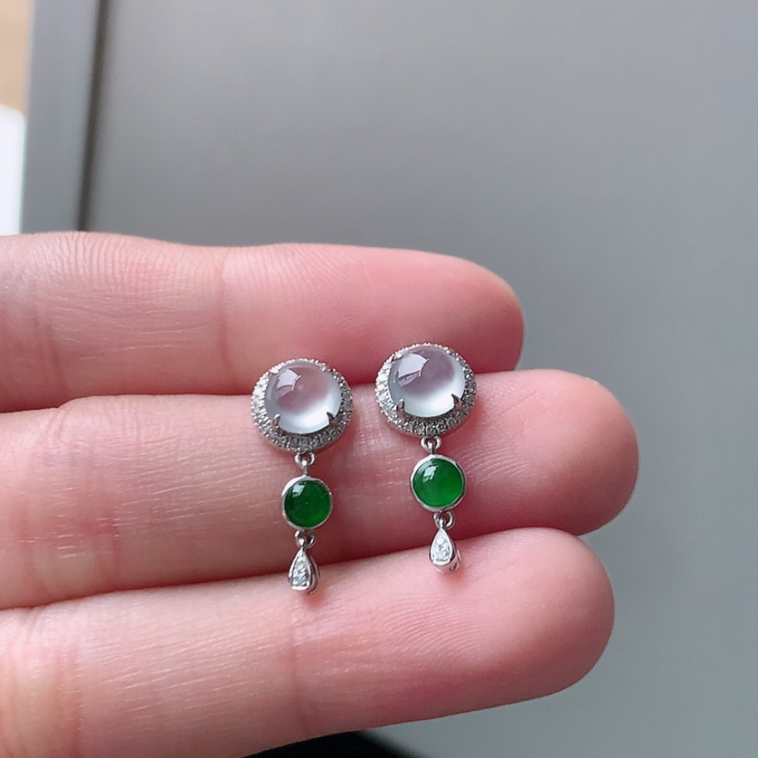 高冰耳钉，种水好，冰润通透，上耳优雅大方，货号107427，5.7/5.6/2
