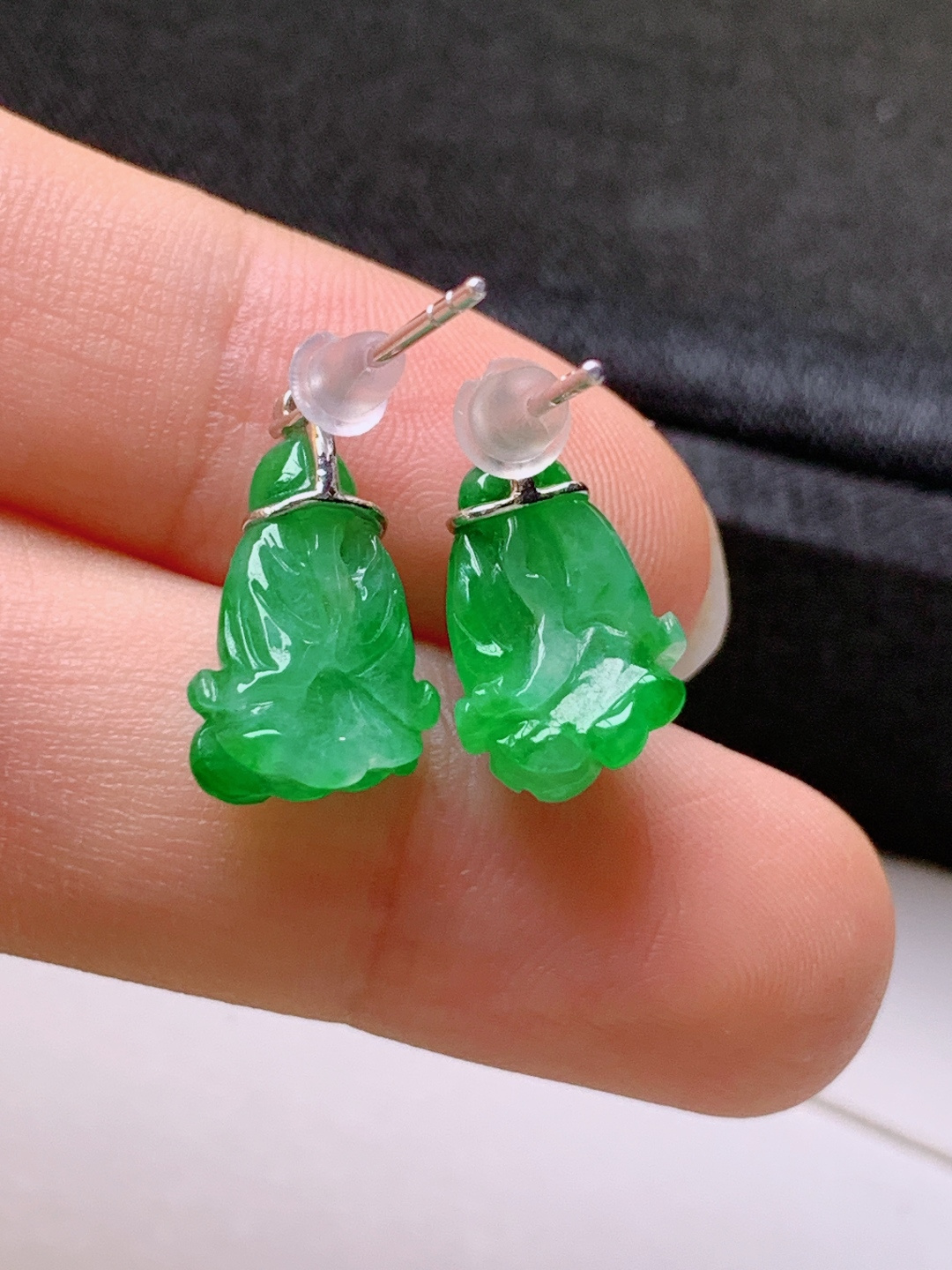 ️ 冰阳绿白菜耳坠，无裂色阳，裸石12.9/9.7/6.1