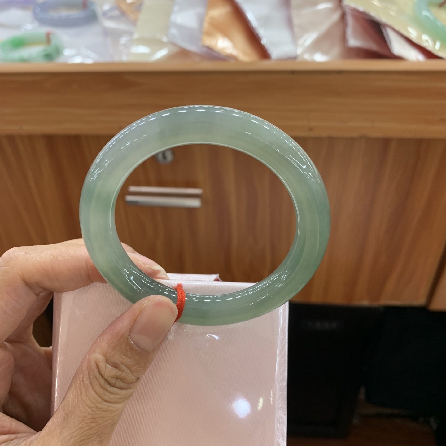 042807FN，冰胶油绿圆条翡翠手镯，54.5-9.8-10