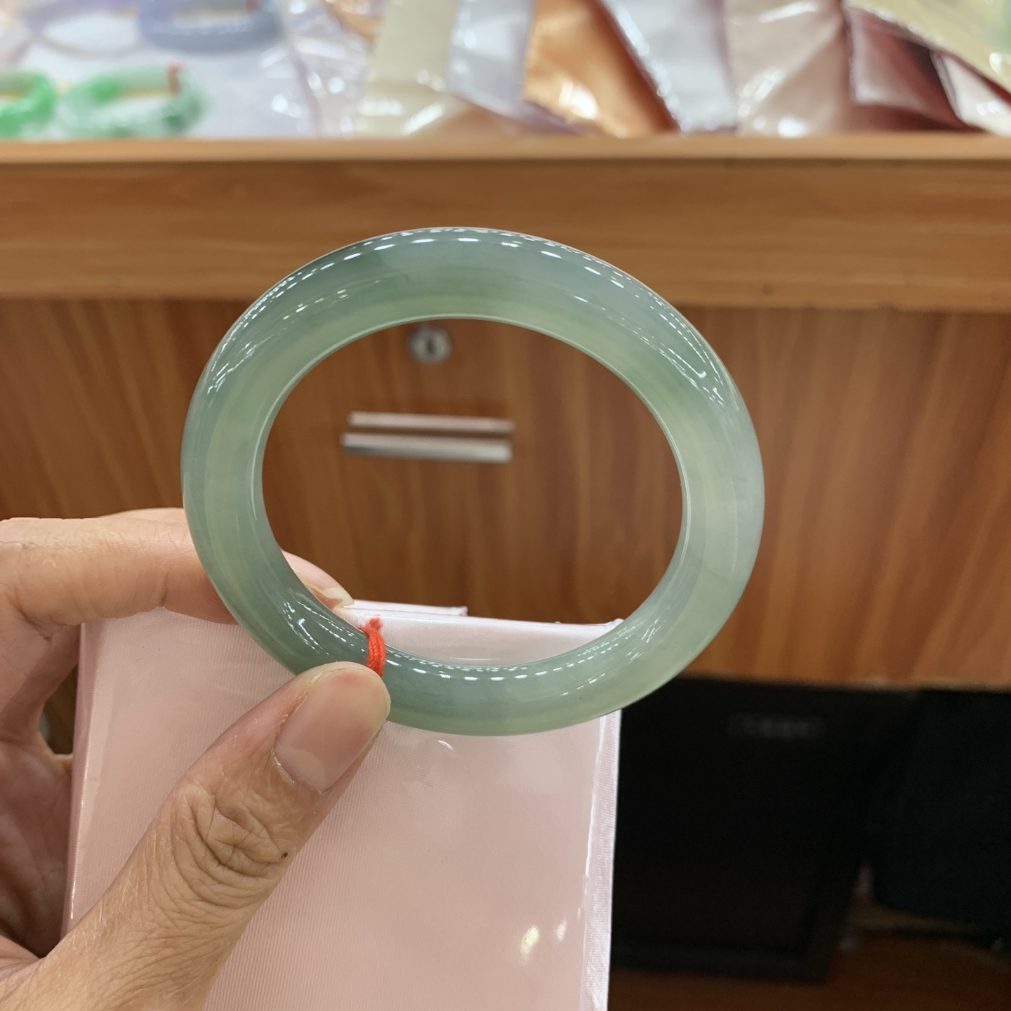 042807FN，冰胶油绿圆条翡翠手镯，54.5-9.8-10