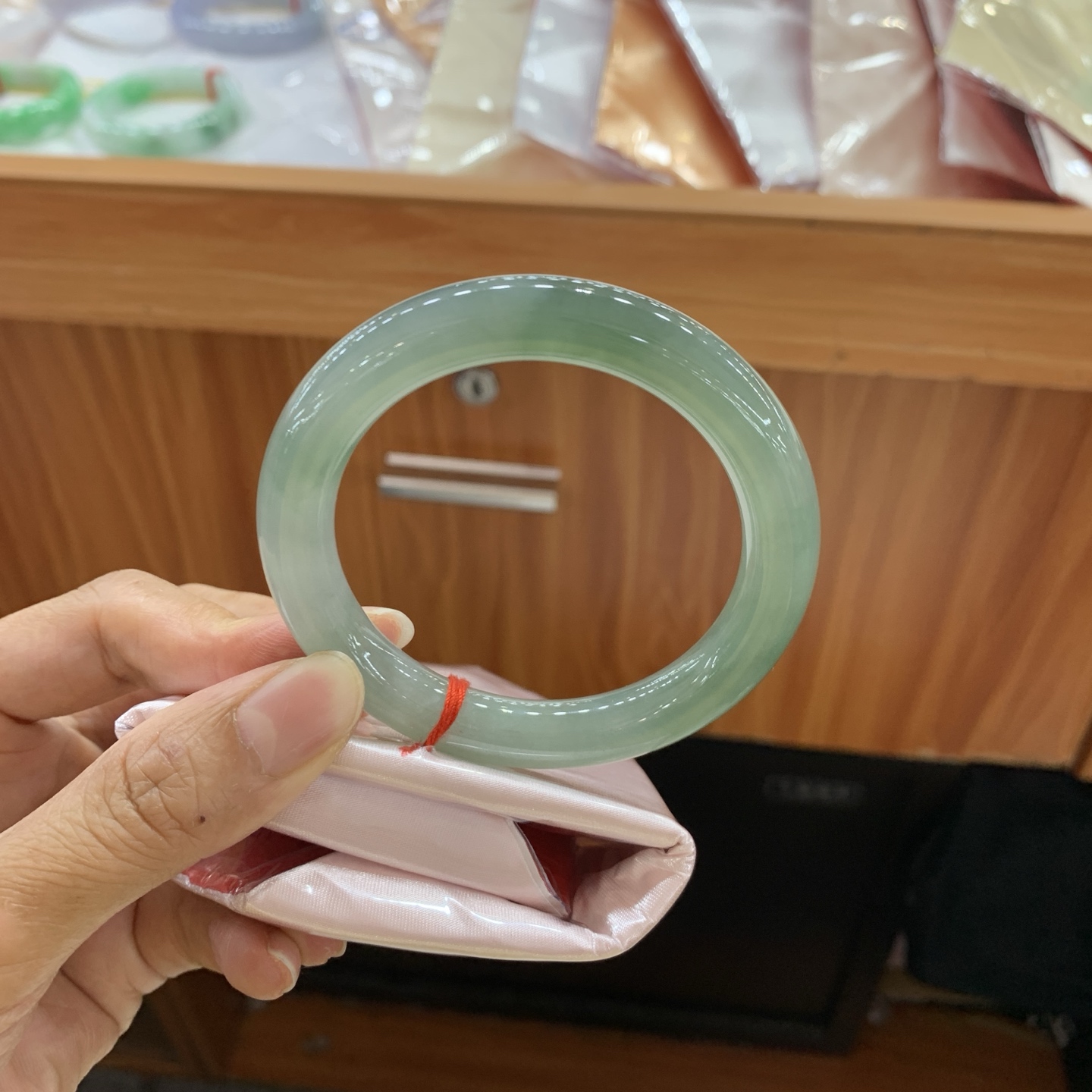 042807FN，冰胶油绿圆条翡翠手镯，54.5-9.8-10