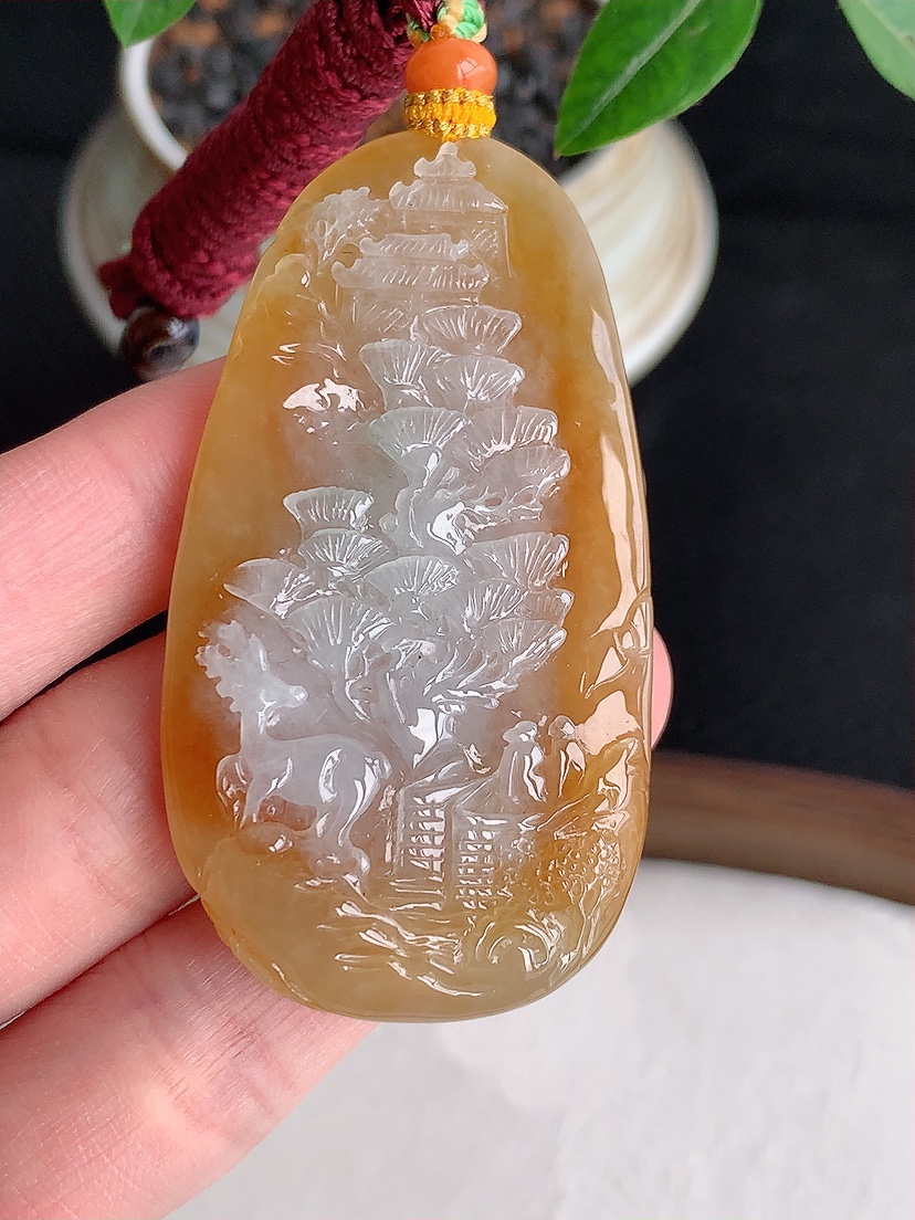 天然A货翡翠黄翡意境山水牌吊坠 
尺寸59.3-32-6.6mm 重量33.00g 0430