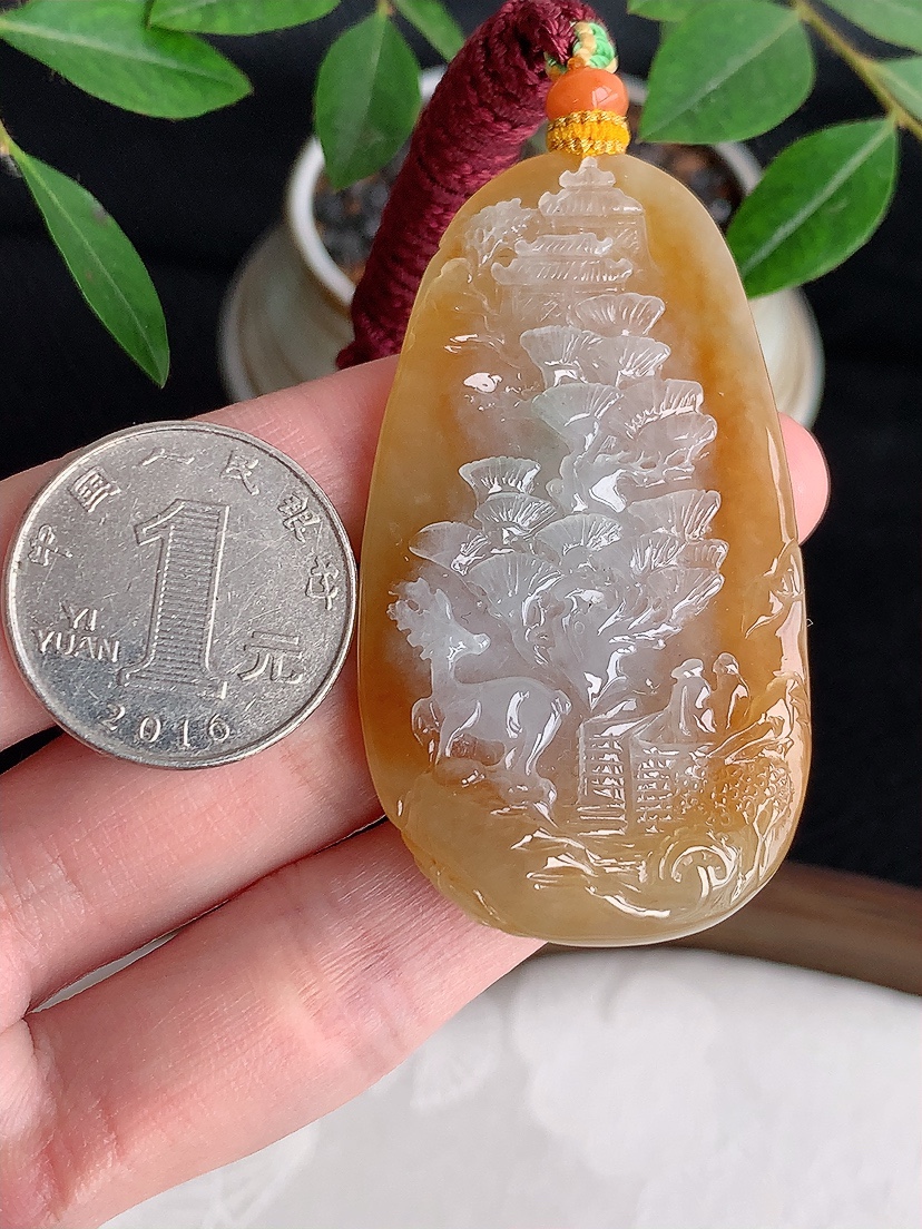 天然A货翡翠黄翡意境山水牌吊坠 
尺寸59.3-32-6.6mm 重量33.00g 0430