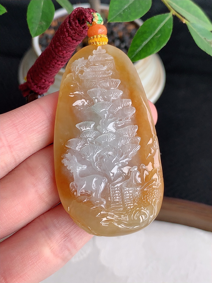 天然A货翡翠黄翡意境山水牌吊坠 
尺寸59.3-32-6.6mm 重量33.00g 0430