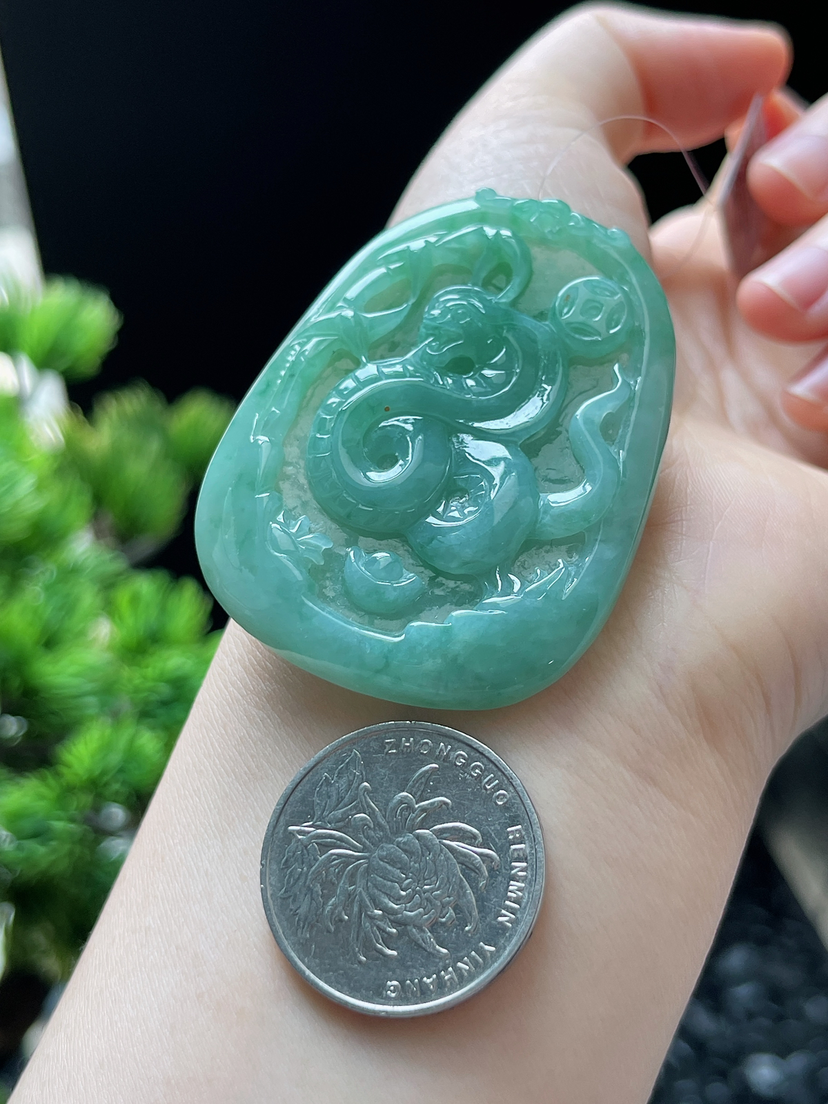 翡翠糯化种绿色生肖蛇牌