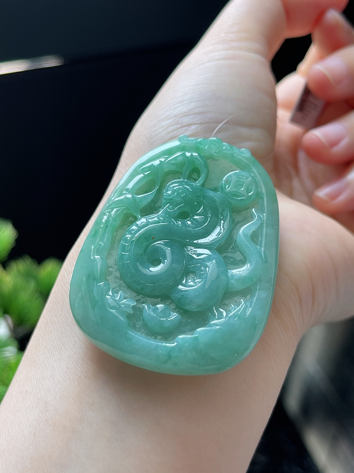 翡翠糯化种绿色生肖蛇牌