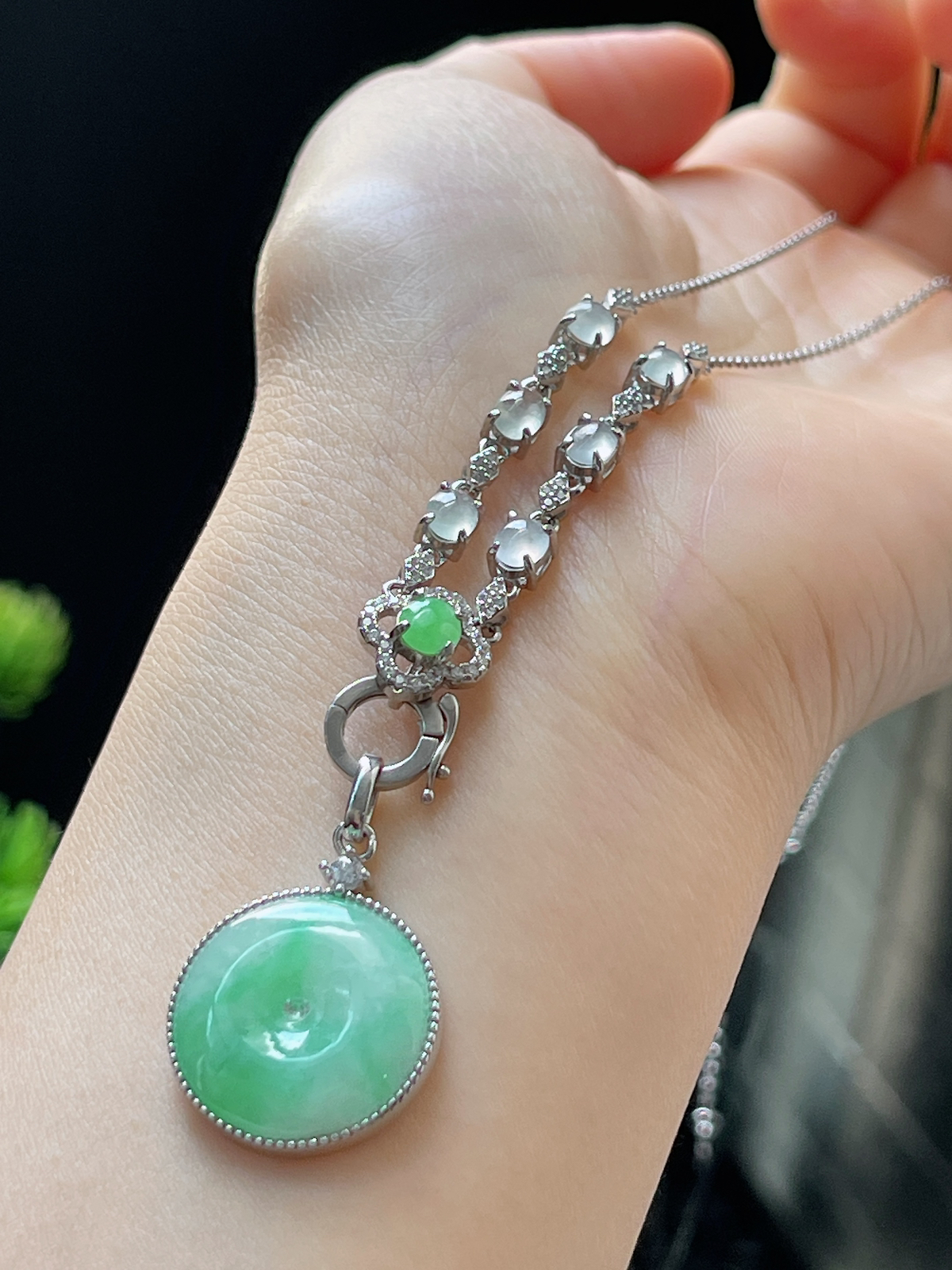 s925银 翡翠糯化种飘花平安扣套链
