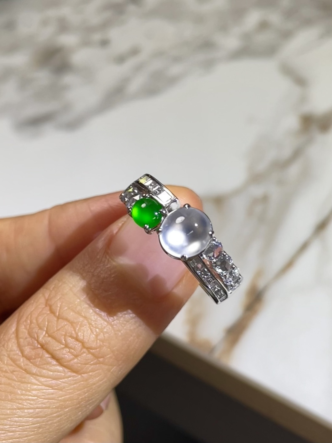 ️玻璃种白+绿蛋面戒指，裸石 7*6.5*4mm 7*11.5*7.5mm