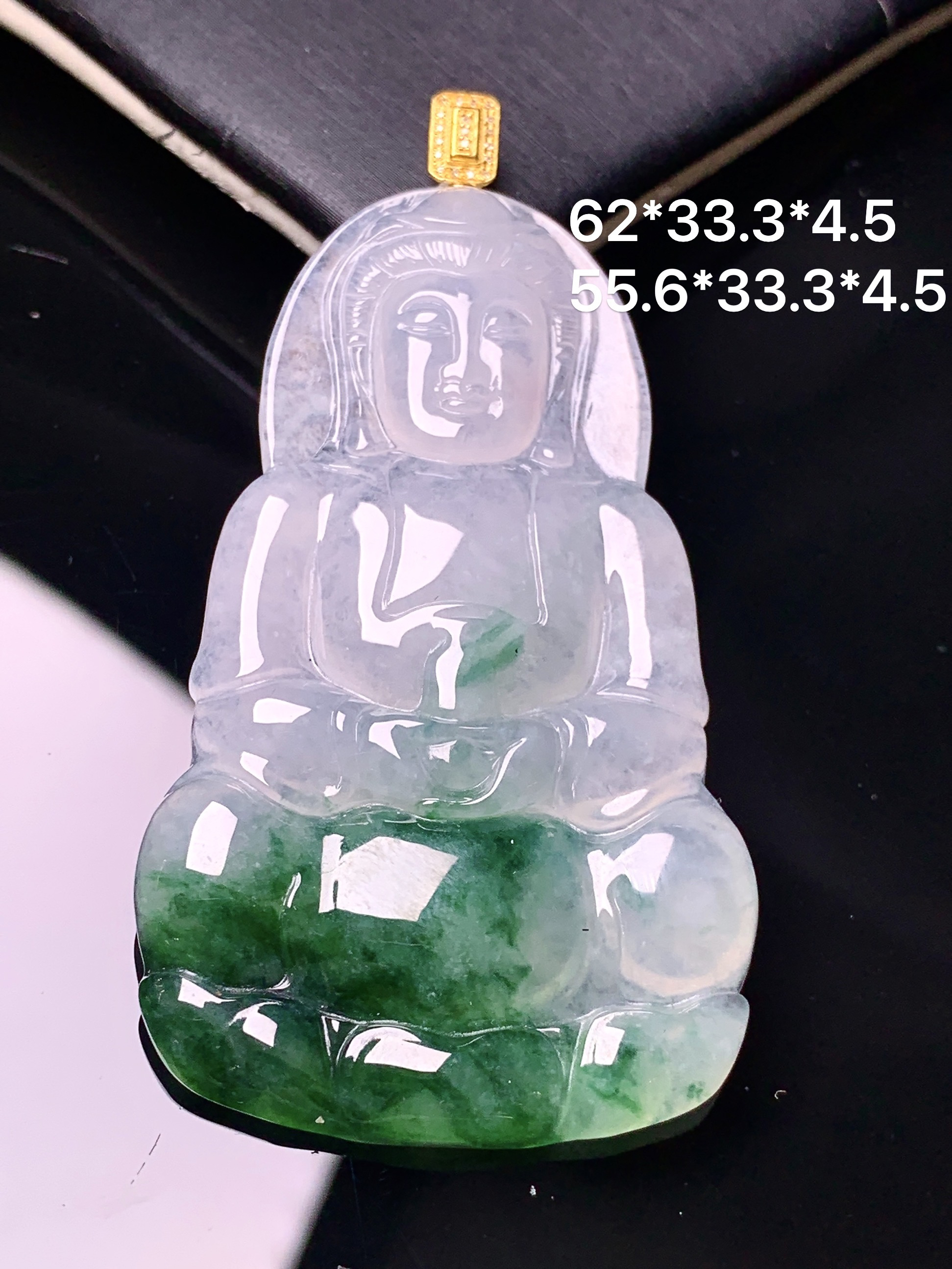 18k金钻镶嵌飘绿观音吊坠 玉质细腻 色泽艳丽清新 水润亮眼 整体尺寸62*33.3*4.5c1