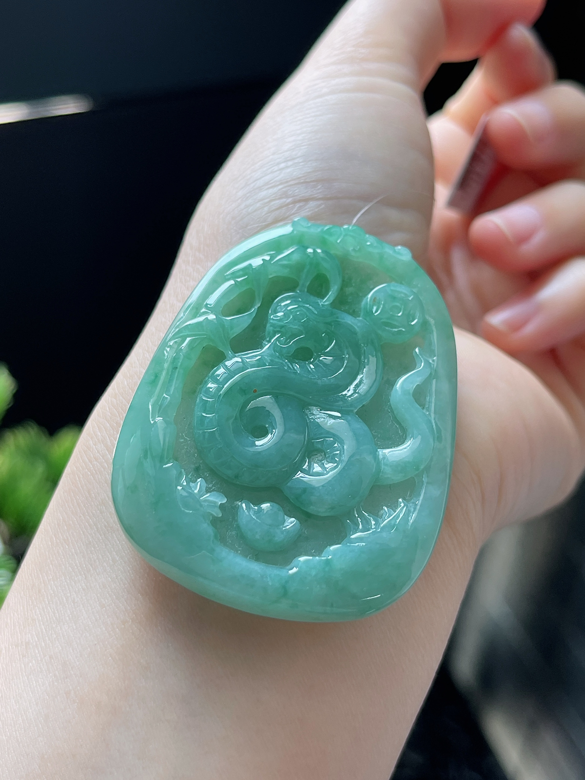 翡翠糯化种绿色生肖蛇牌