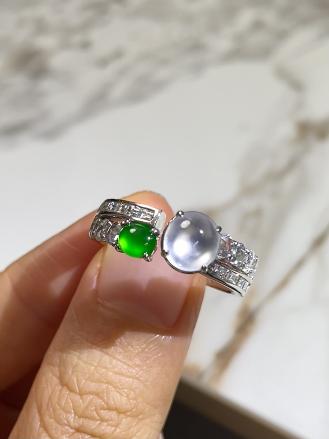 ️玻璃种白+绿蛋面戒指，裸石 7*6.5*4mm 7*11.5*7.5mm