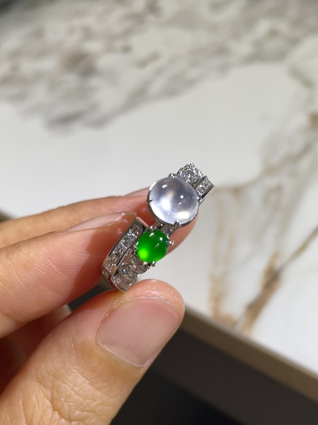 ️玻璃种白+绿蛋面戒指，裸石 7*6.5*4mm 7*11.5*7.5mm