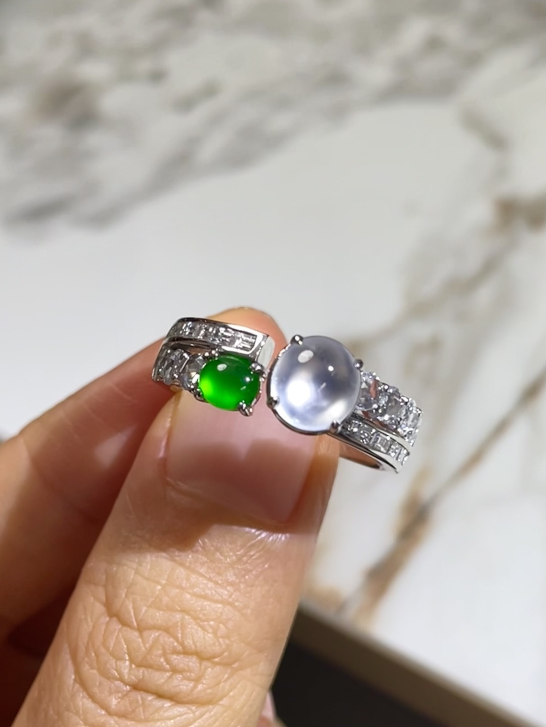 ️玻璃种白+绿蛋面戒指，裸石 7*6.5*4mm 7*11.5*7.5mm