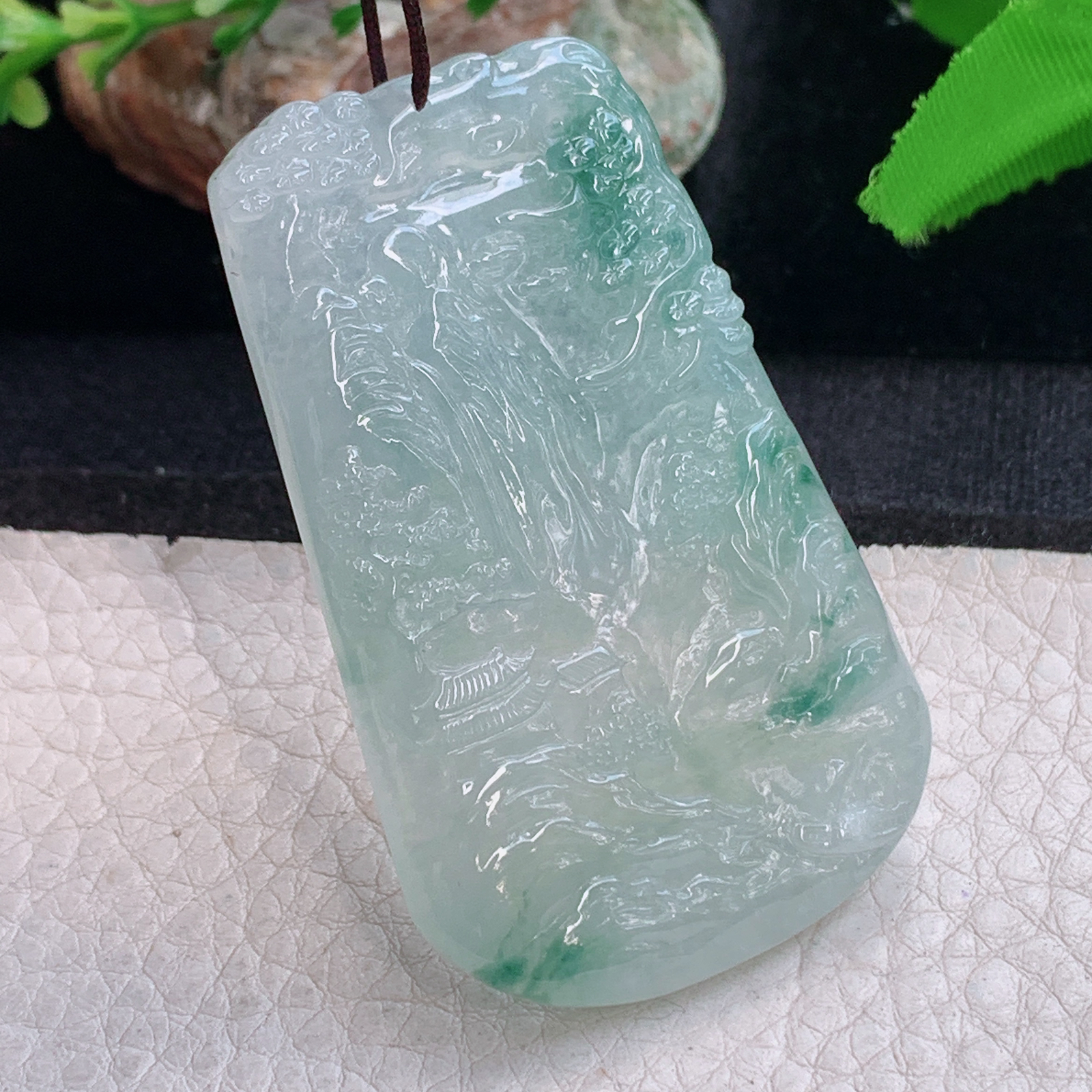 ktj实拍59.5*36.5*5.6缅甸翡翠精雕冰飘花山水 大好河山玉吊坠