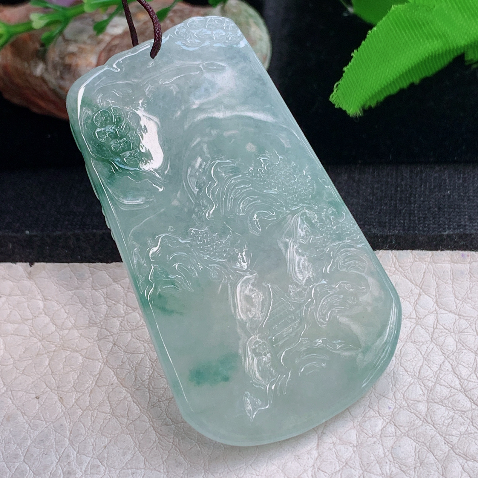 ktj实拍59.5*36.5*5.6缅甸翡翠精雕冰飘花山水 大好河山玉吊坠