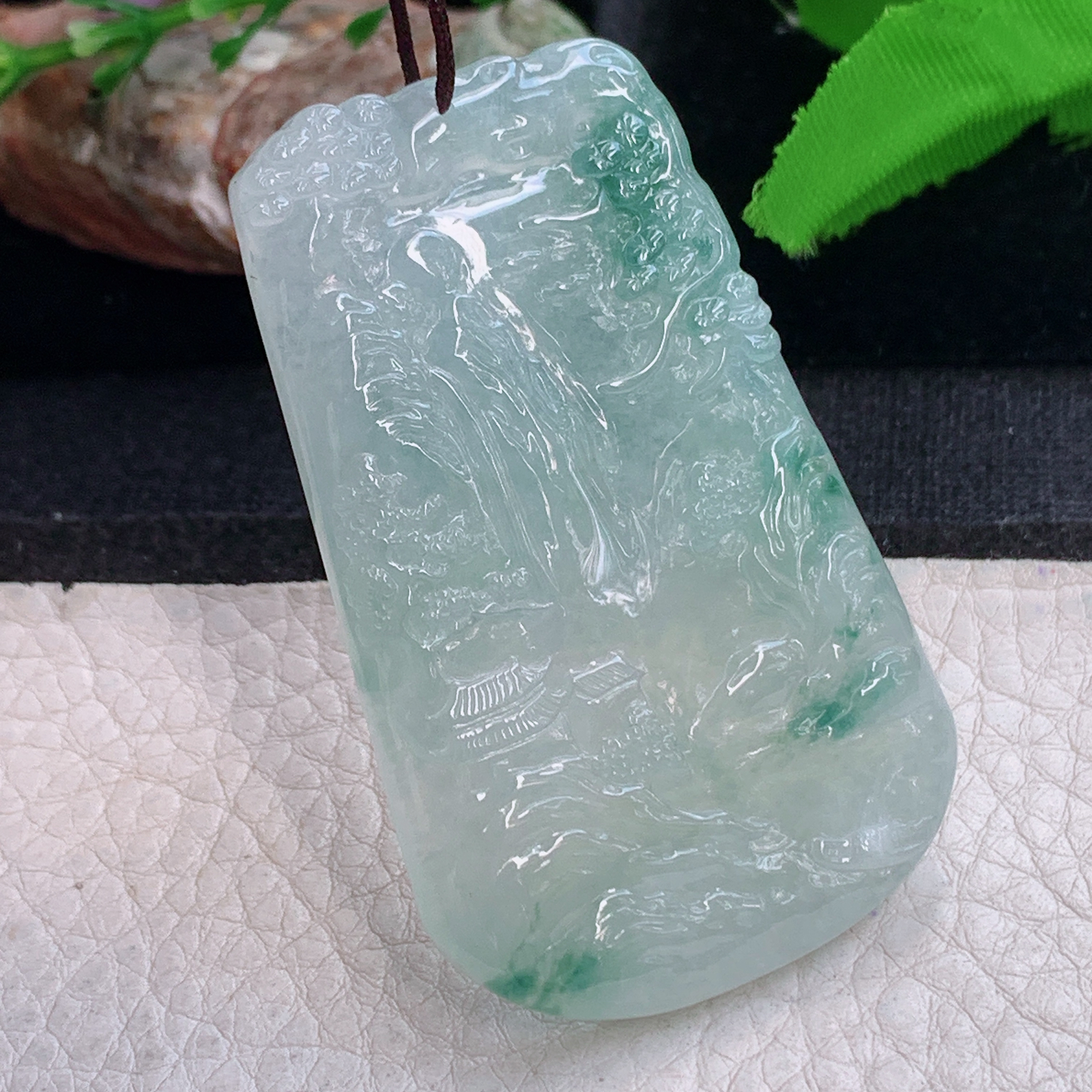 ktj实拍59.5*36.5*5.6缅甸翡翠精雕冰飘花山水 大好河山玉吊坠