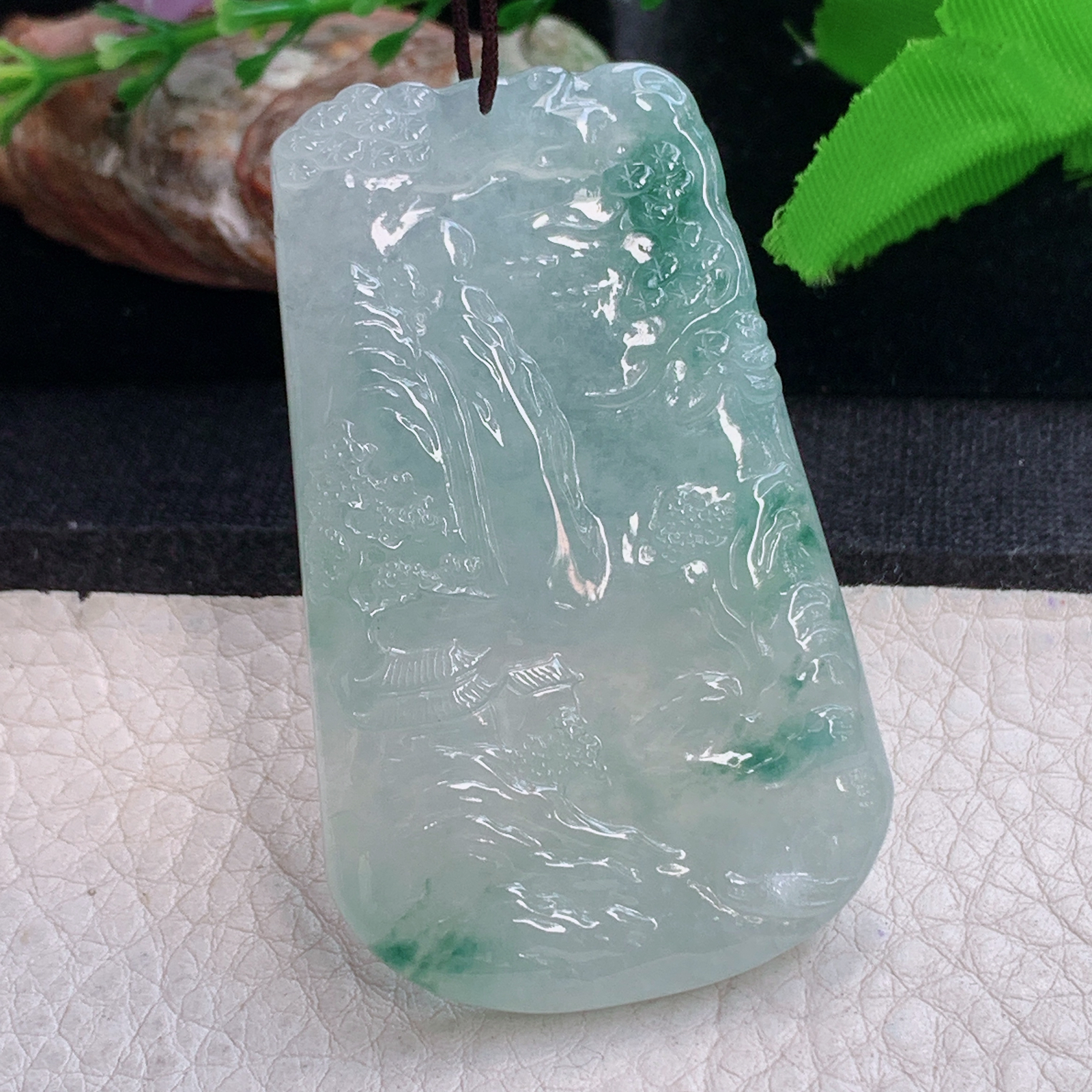 ktj实拍59.5*36.5*5.6缅甸翡翠精雕冰飘花山水 大好河山玉吊坠