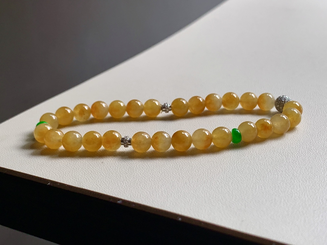 ️ 冰种黄翡珠串 色泽金黄漂亮，灵动无比，尺寸5.8