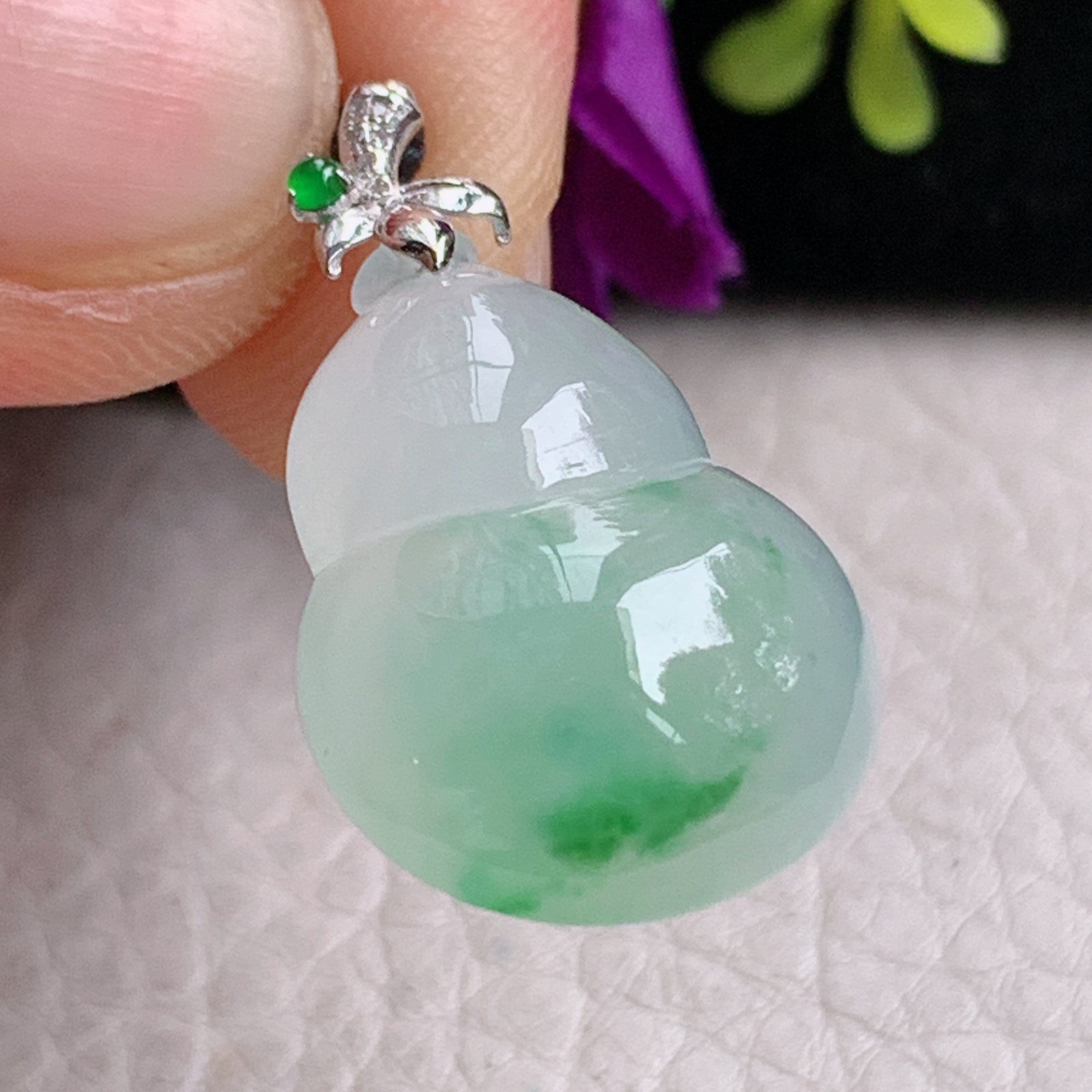 zz3实拍连金30*17.6*7天然缅甸翡翠冰飘花葫芦吊坠 镶金扣福禄玉坠