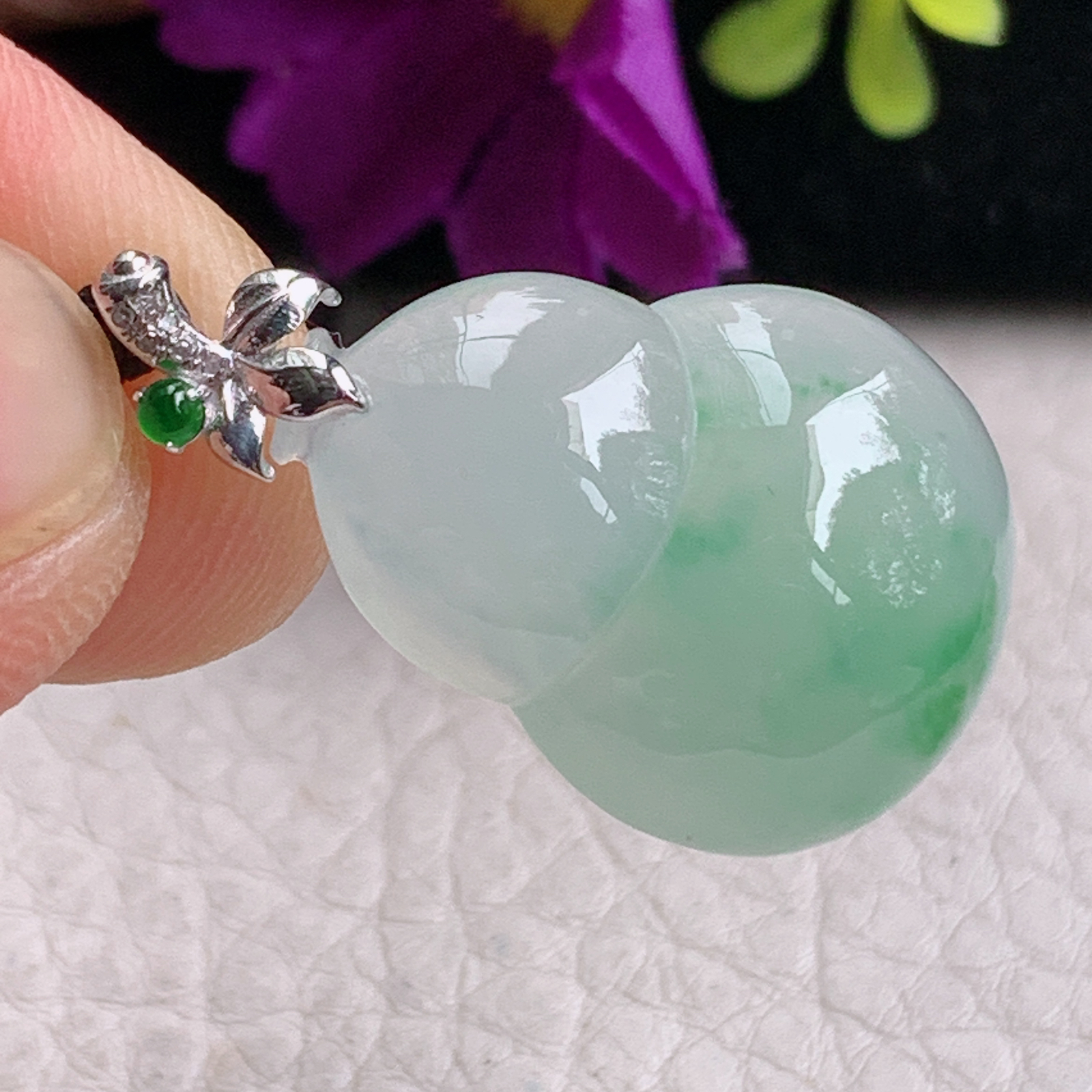 zz3实拍连金30*17.6*7天然缅甸翡翠冰飘花葫芦吊坠 镶金扣福禄玉坠