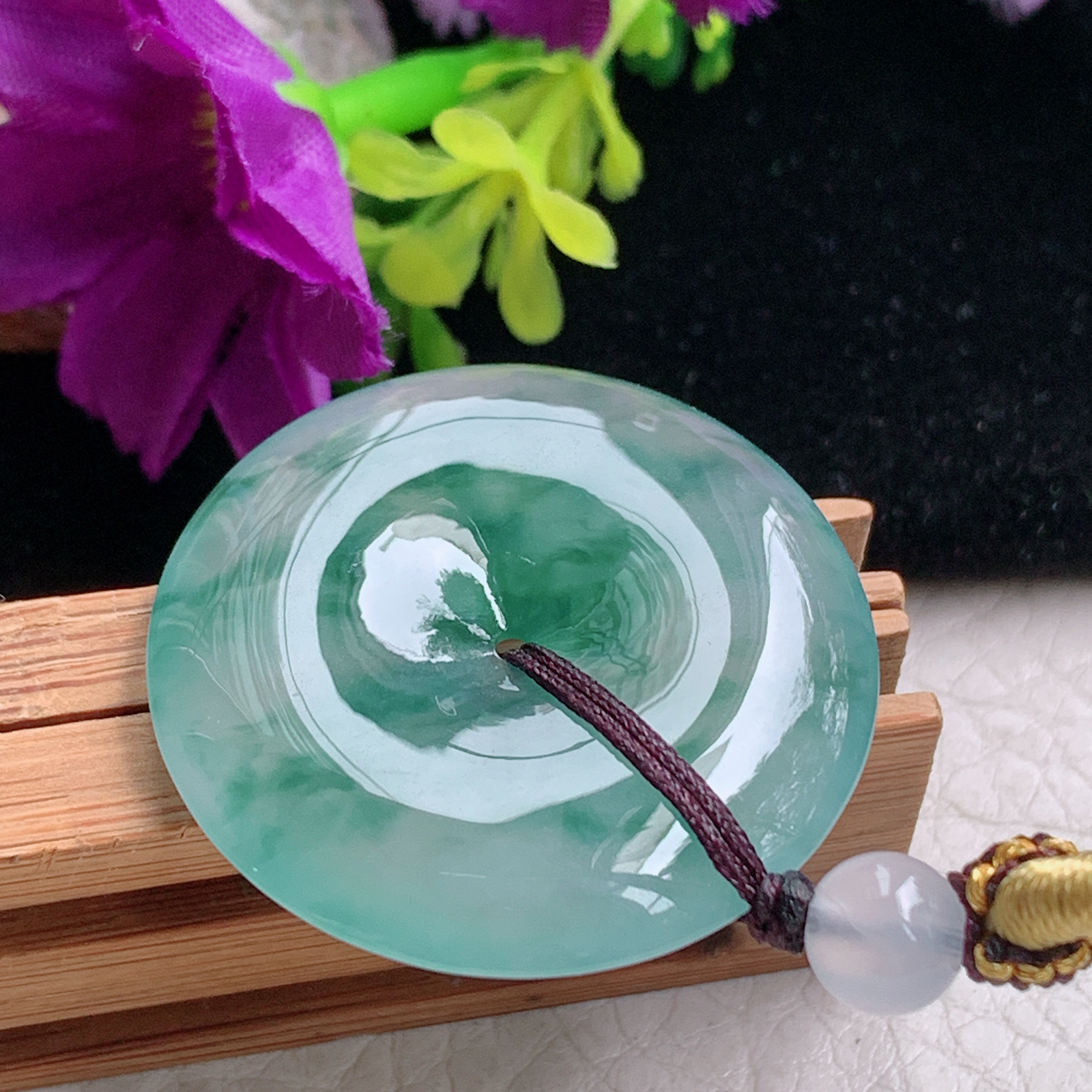 zz3实拍31*5.3天然缅甸翡翠冰飘花平安吊坠 简约高雅玉扣子玉坠
