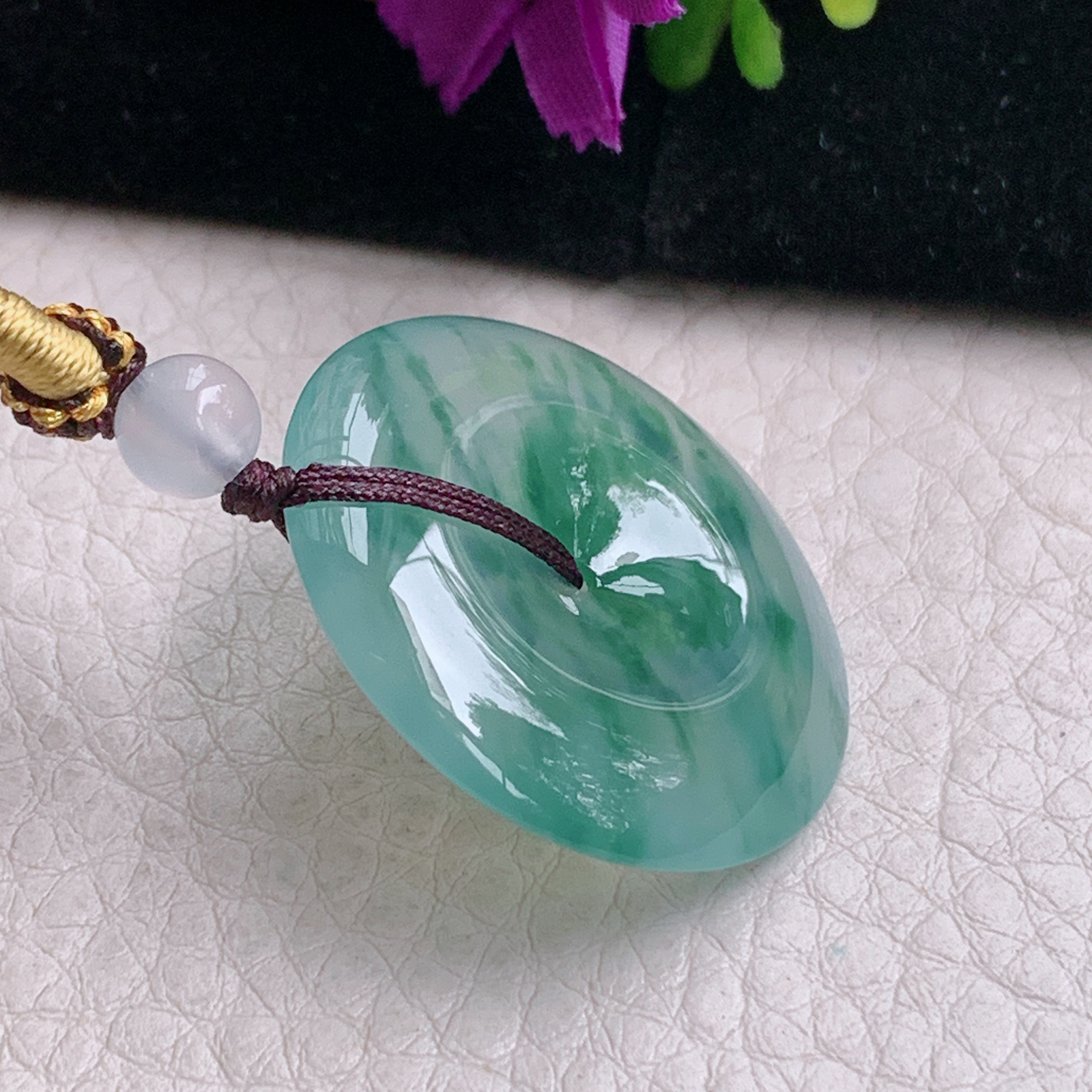 zz3实拍31*5.3天然缅甸翡翠冰飘花平安吊坠 简约高雅玉扣子玉坠