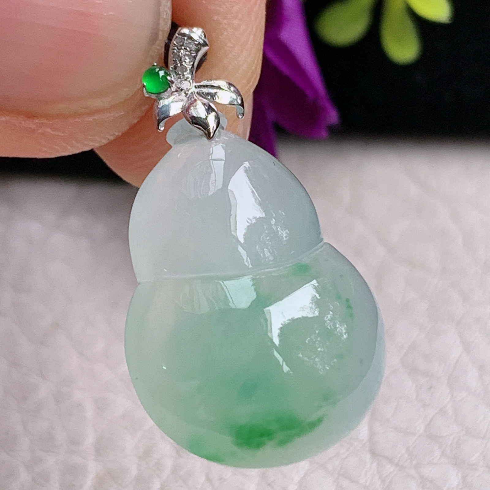 zz3实拍连金30*17.6*7天然缅甸翡翠冰飘花葫芦吊坠 镶金扣福禄玉坠