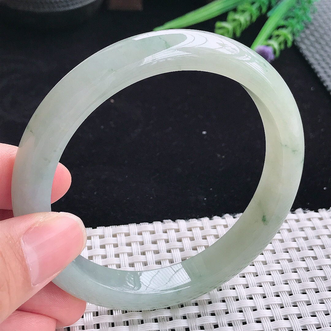 自然光63.5/11.4/8.8大圈口老坑冰润起胶飘花宽边手镯平安镯翡翠玉镯美人镯