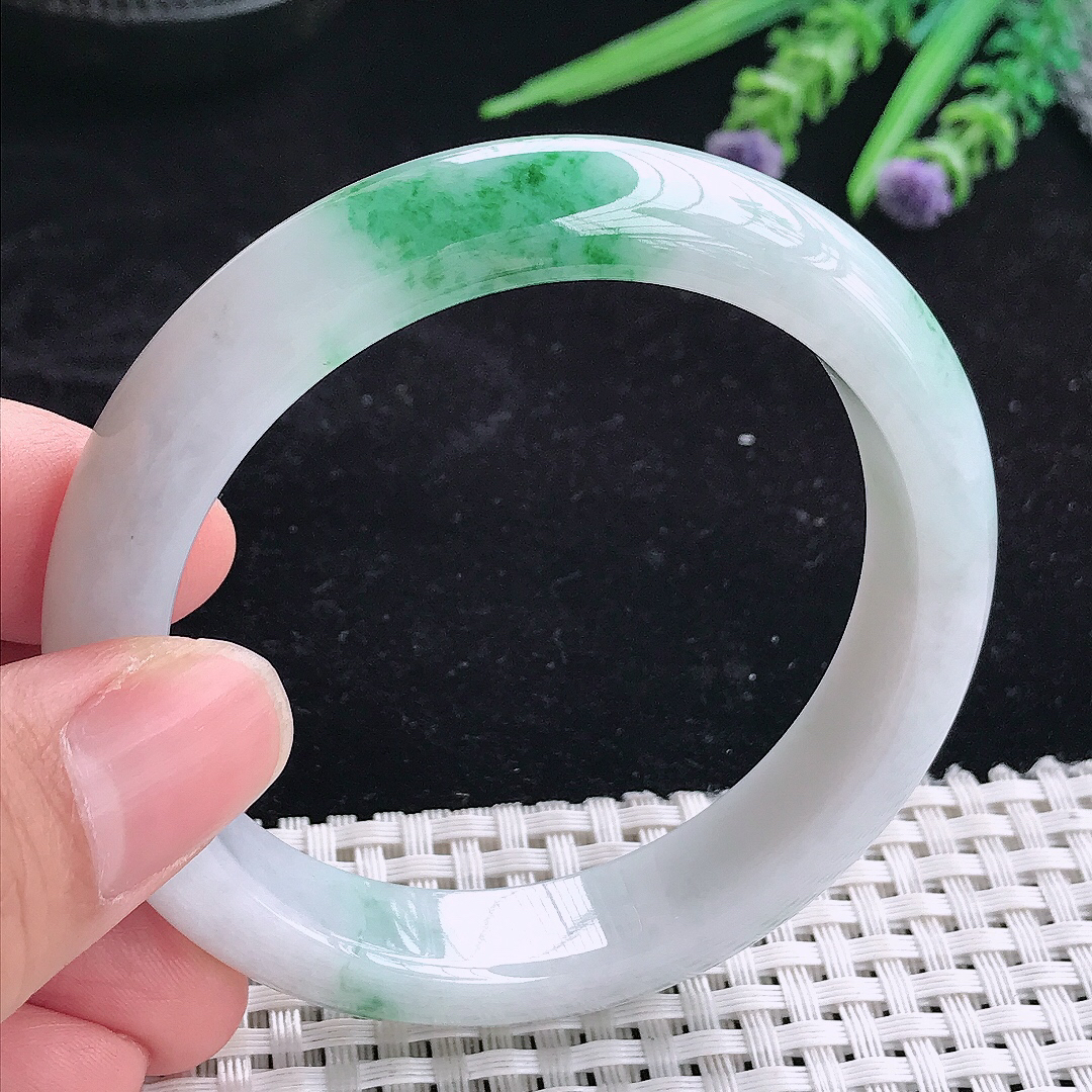 自然光55.5/12.5/8.3老坑精美冰润飘绿宽边手镯平安镯翡翠玉镯美人镯