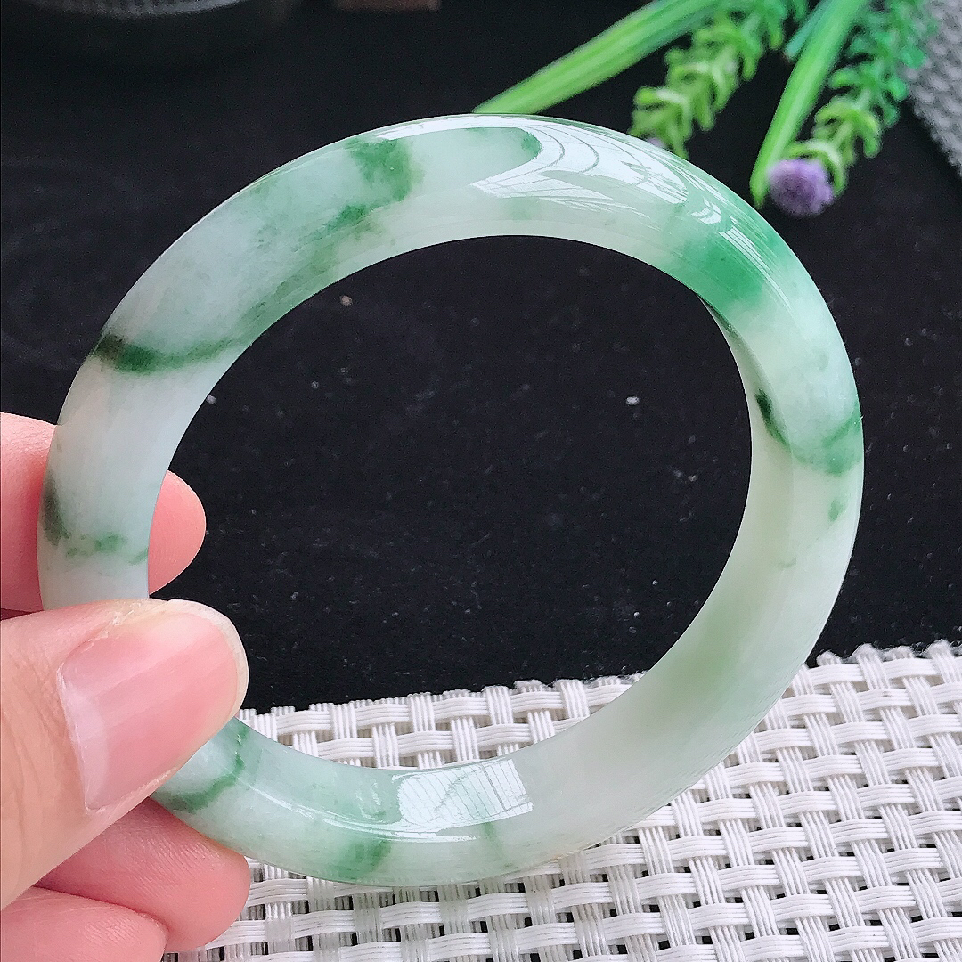 自然光57.5/14.7/8.7老坑精美冰润飘花宽边手镯平安镯翡翠玉镯美人镯