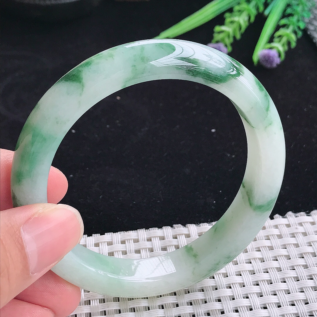 自然光57.5/14.7/8.7老坑精美冰润飘花宽边手镯平安镯翡翠玉镯美人镯